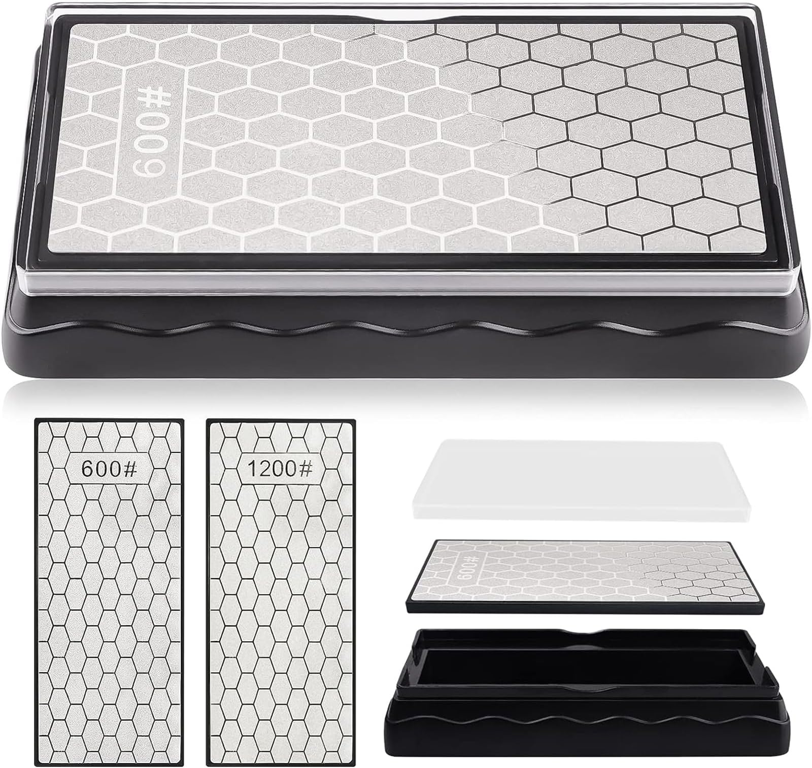 Diamond Whetstone Double-sided Diamond Whetstone Anti-slip Base Whetstone with Honeycomb Surface Panel #600/#1200 Sharpener Scissors Knife Suitable for Outdoor Kitchen Sharpening Tools