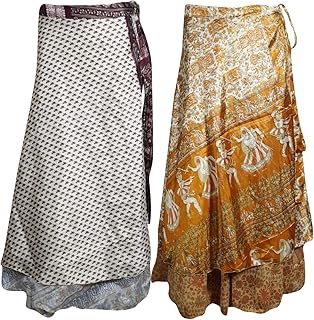 Mogul Interior 2pc Womens Wrap Around Skirt Printed Silk Sari 2 Layer Beach Cover Up Holiday Dress OneSize Orange,White
