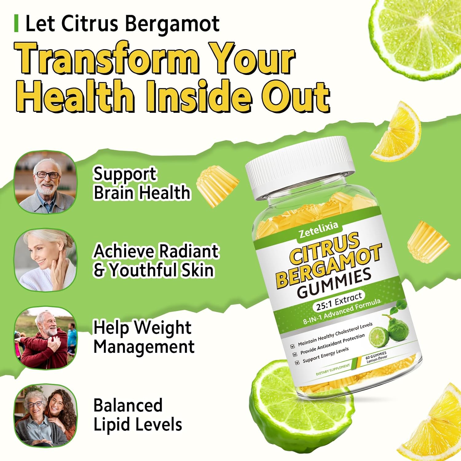 2 Pack Citrus Bergamot Gummies, Citrus Bergamot Supplement for High Cholesterol, Cholesterol Lowering Supplement for Heart, Immune System & Healthy Aging Support, Sugar Free, Lemon Flavor, 120 Cts - Image 4