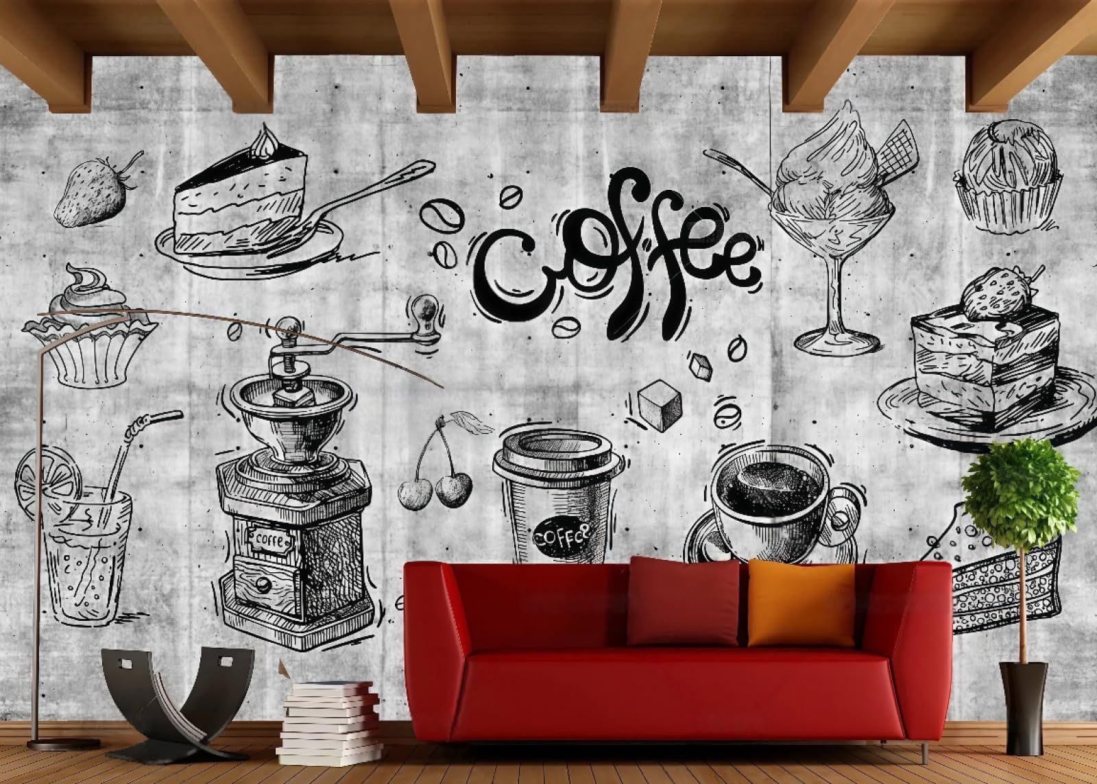 rskjdghshd Wallpaper Retro Nostalgic Cement Brick Wall Hand-Painted Cake Shop Dessert Background Wall Western Restaurant Wallpaper Drink Coffee Shop Mural,3D,430x300cm