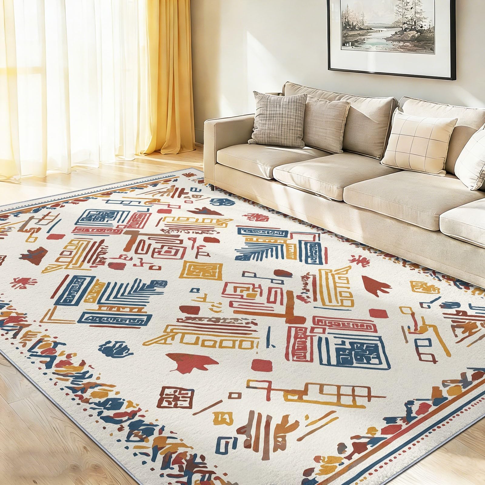 Traditionnel Ethnique Tapis de Salon, Totem Tribal Géométriques Chevron | Poil Ras Lavage en Machine antidérapant Salle de séjour Chambre Cuisine Salle à Manger, 140 x 200 cm Multicolore