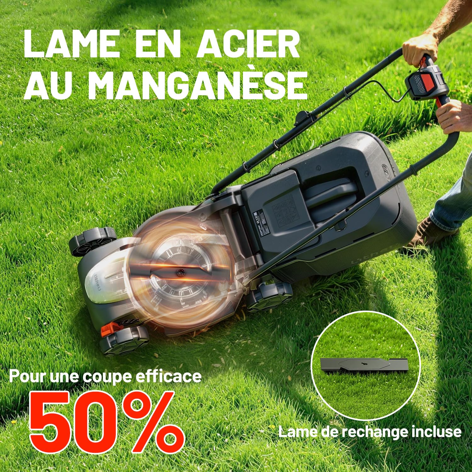 Litheli Tondeuse à Gazon sans Fil 20V 33 cm 5,0Ah Moteur Brushless Hauteur de Coupe Réglable 25–65 mm Bac 35 L