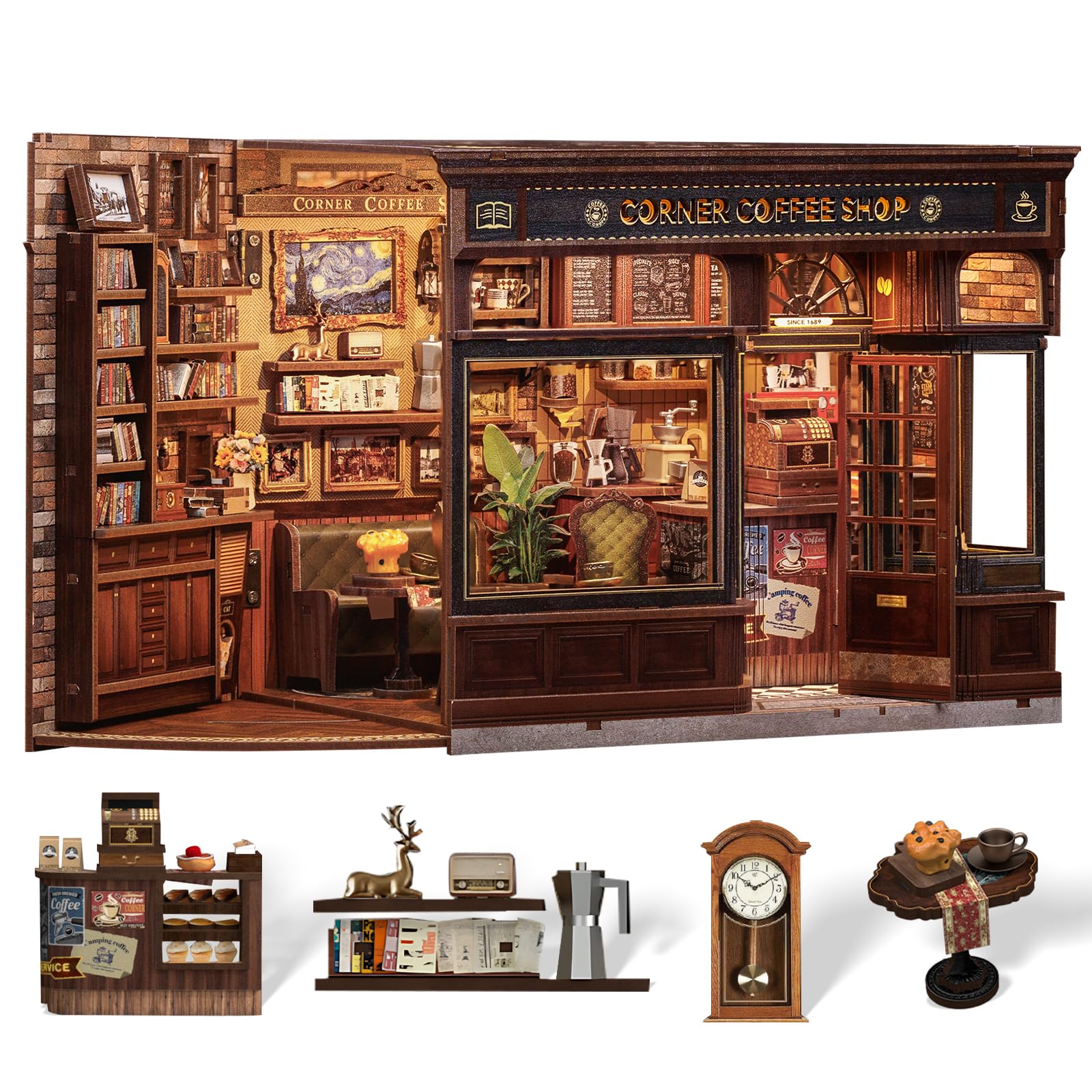 cutefun book nook kit - diy miniature doll house kit book nook kits for adults 3d wooden puzzle bookend bookshelf with led light for cafe crafts lovers corner coffee shop