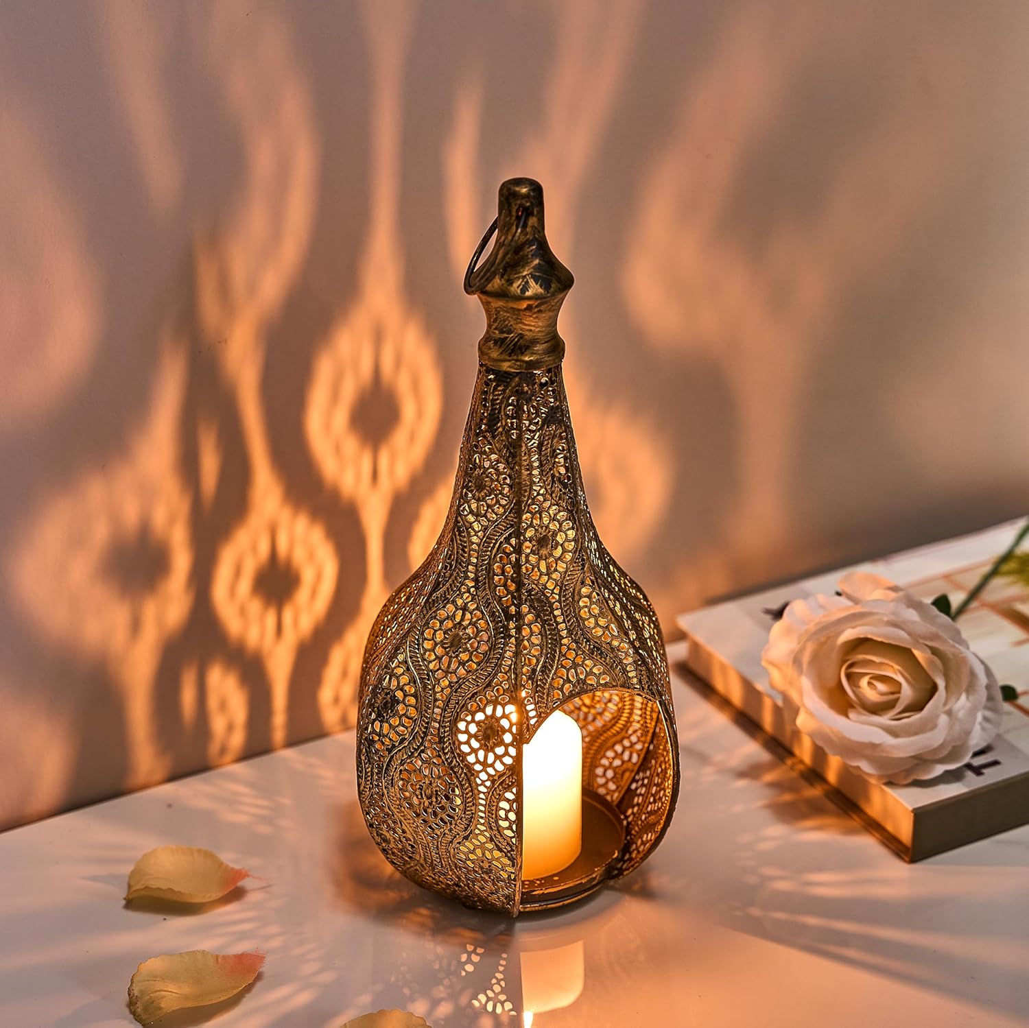 11.6inch Moroccan Lantern Lamp Decorative Candle Holders for Ramadan Decorations, Hanging, Outdoor Patio or Porch, Indoor Home Decor（Bronze）