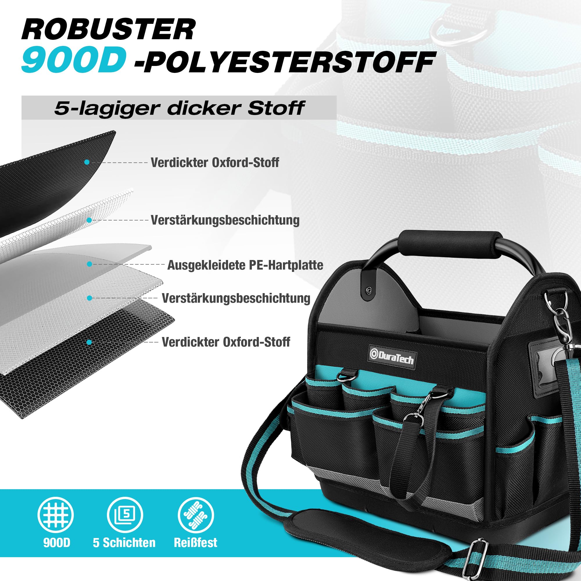 DURATECH Werkzeugtasche Elektriker 30,5cm, 900D Polyester, Große Öffnung