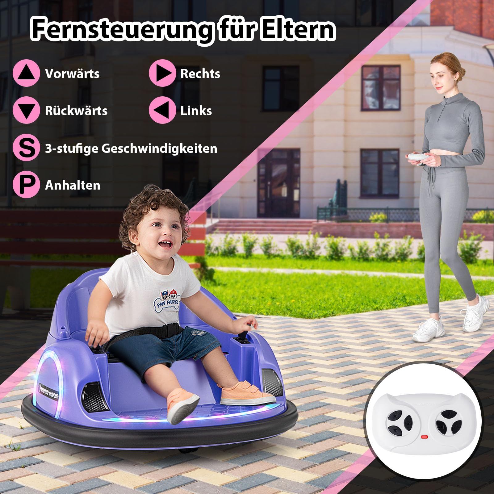 COSTWAY 12V Autoscooter Kinder mit Fernbedienung, Elektro Bumper Car mit 360° Drehnug, Musik & Licht, Kinder Elektroauto für Kleinkinder ab 18 Monaten (Lila)