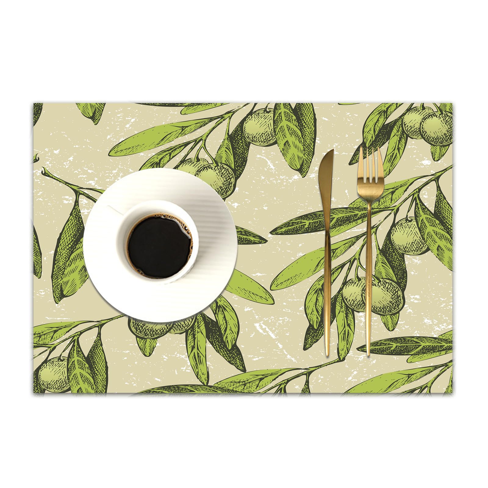 DASNK Table Mats Set of 4 Woven Vinyl Place Mats for Dinner Table Washable & Durable Indoor/Outdoor Use Table Accessories,Seamless Olive Branches,12x18in