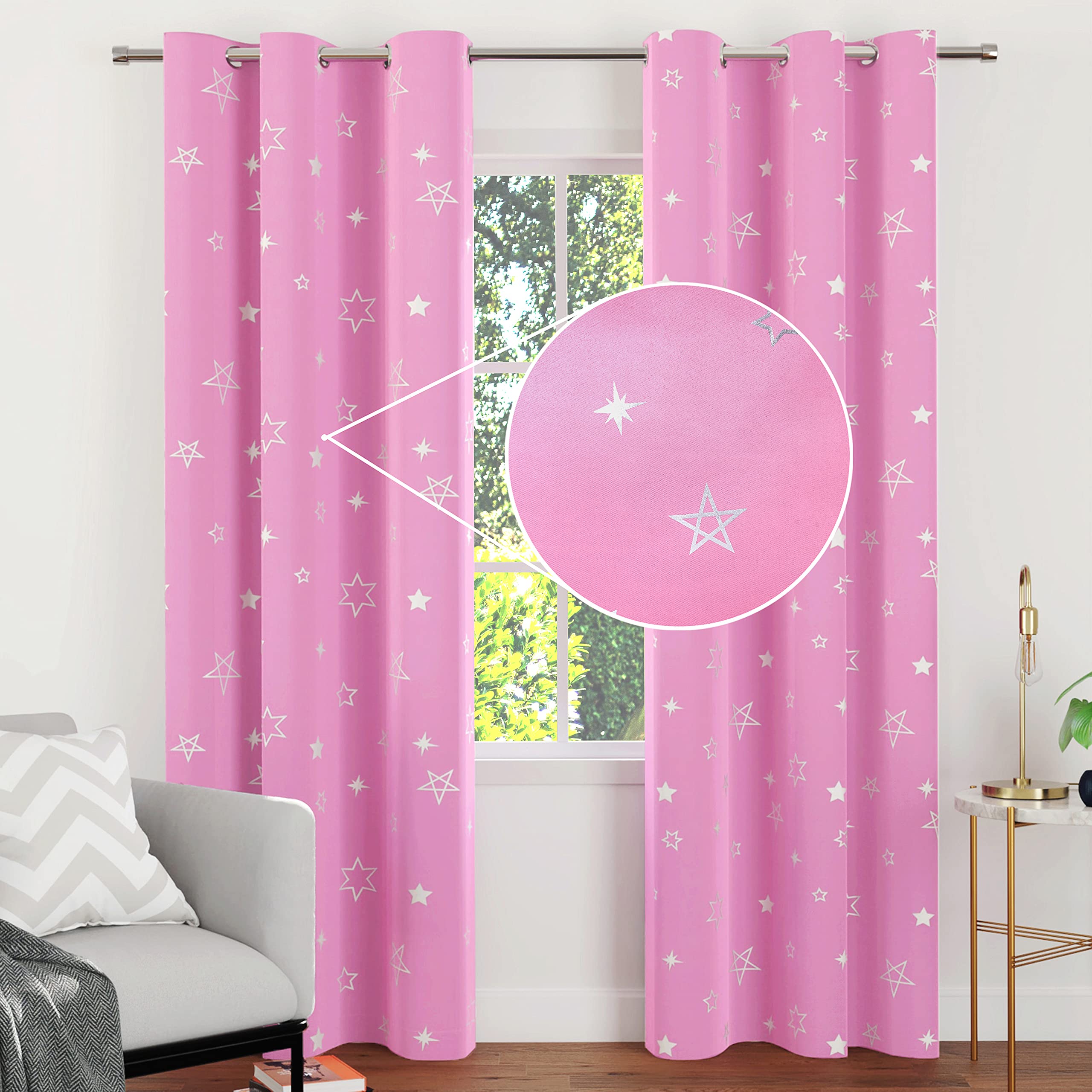 Encasa Cortinas de Apagón Impresas 113x183 cm, 2 Pc | Foil de Plata Rosa Estrella Diseño I Room Darking - Bloques 85% Light | Reducción de Sonido y Calor para el Dormitorio Que Lavaba