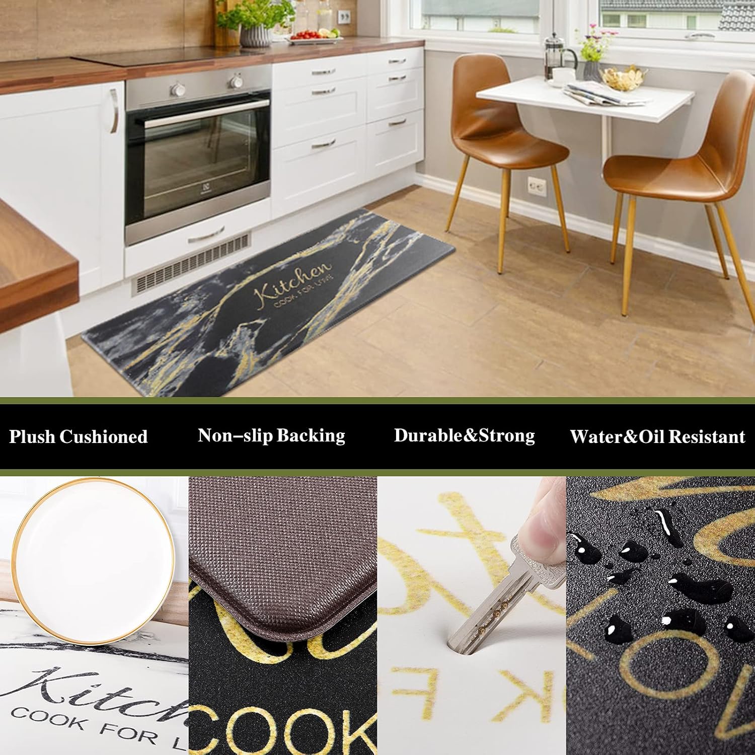 Carvapet 2 Pieces Comfort Anti-Fatigue Kitchen Rugs Standing Desk Mat Waterproof Decorative Ergonomic Floor Pad Kitchen Rug Black&Golden Marble Design 17"x47"+17"x28"