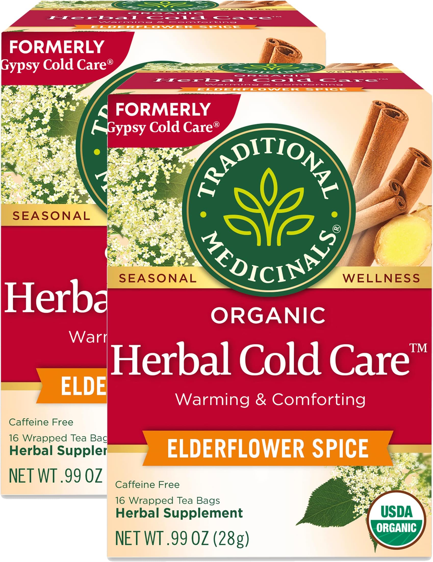 Traditional Medicinals Organic Herbal Cold Care Elderflower Spice Herbal Tea, Warm & Comforting Seasonal Wellness, (Pack of 2) - 32 Tea Bags Total