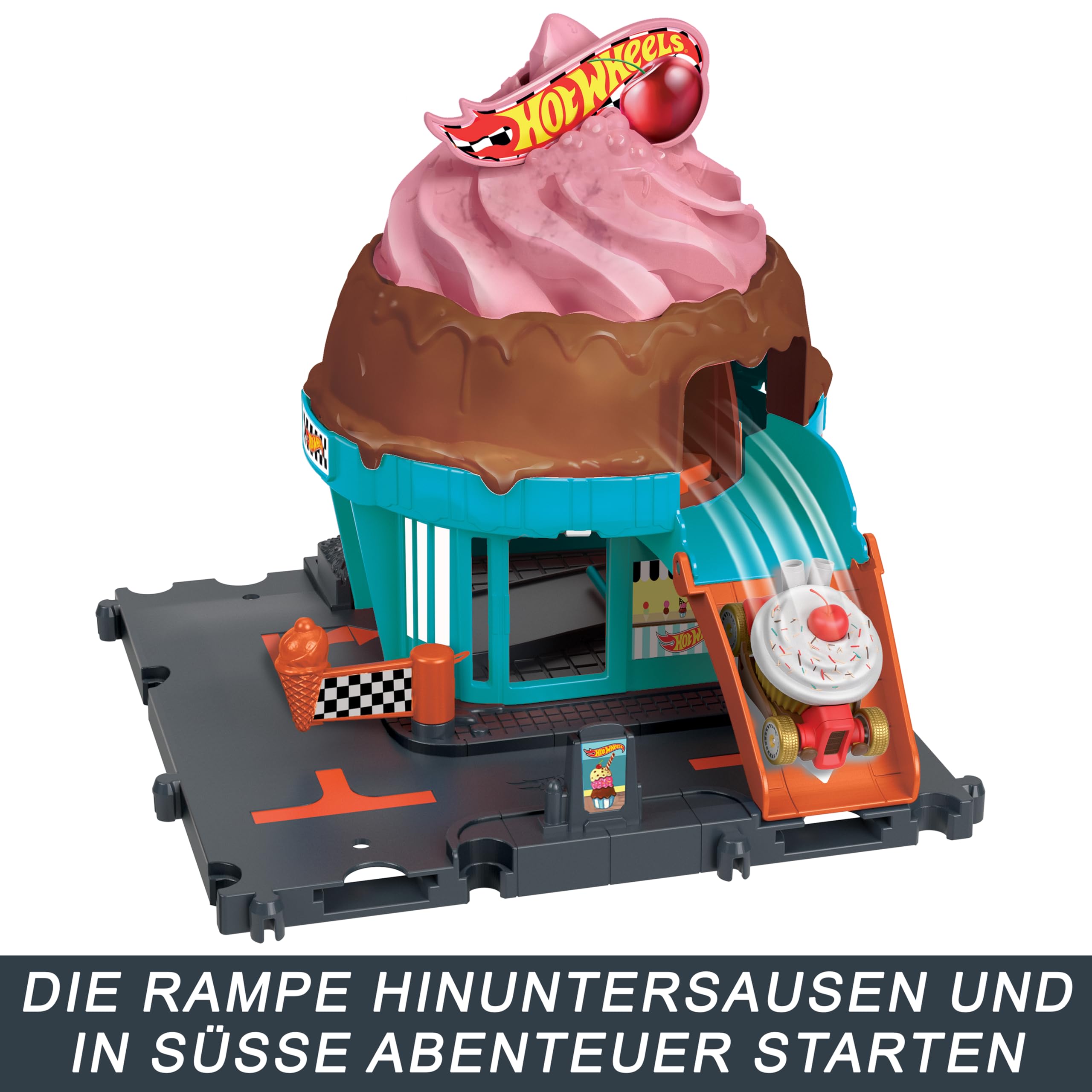 HOT WHEELS Let's Race Netflix - City Downtown-Spielset Eiskrem-Strudel - Rennbahn-Action mit Verkehrsschild, inklusive 1:64 Hot Wheels Auto, für Kinder ab 4 Jahren, HTN77