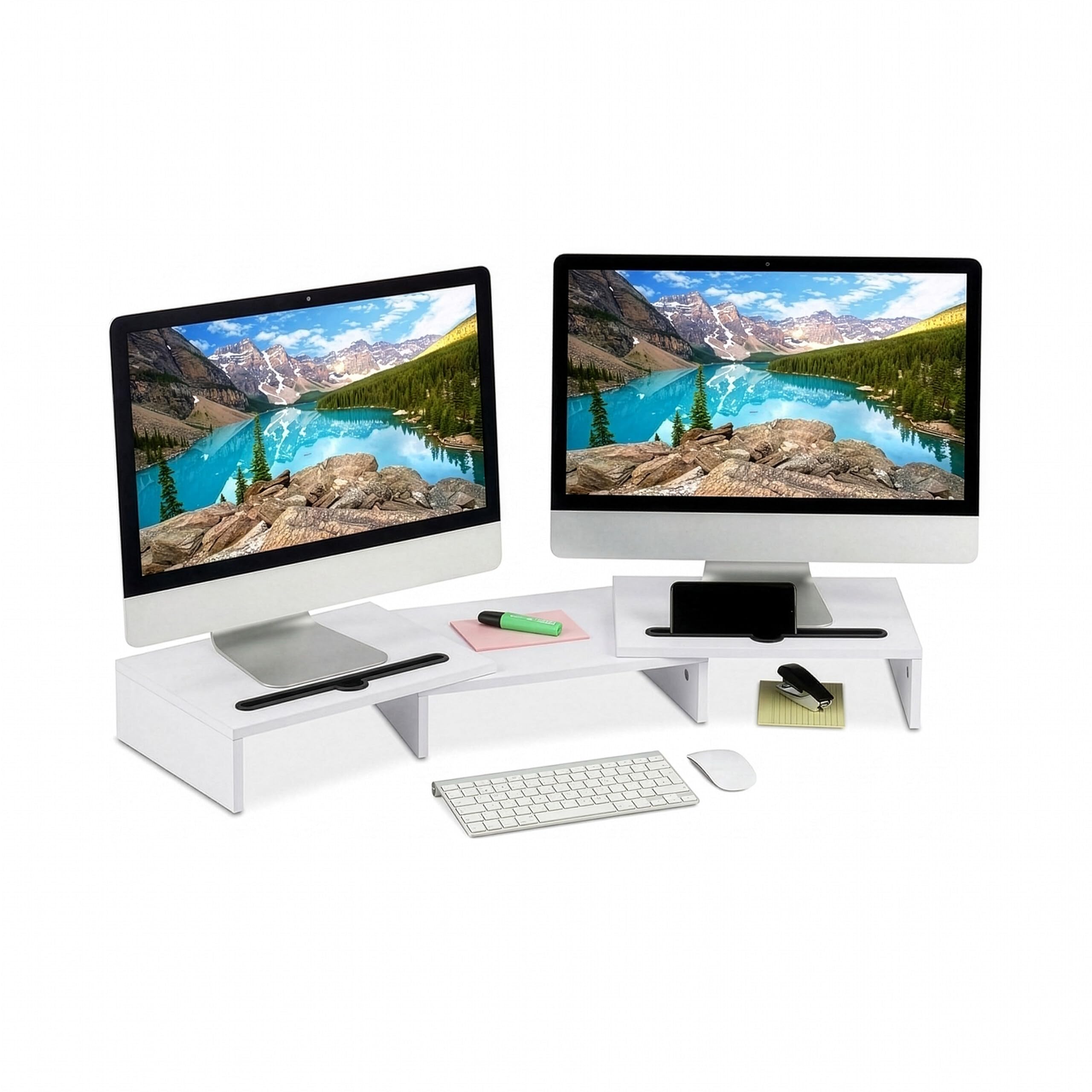 Relaxdays monitor stand, for 2 monitors, adjustable width 74–105 cm, ergonomic monitor riser, white