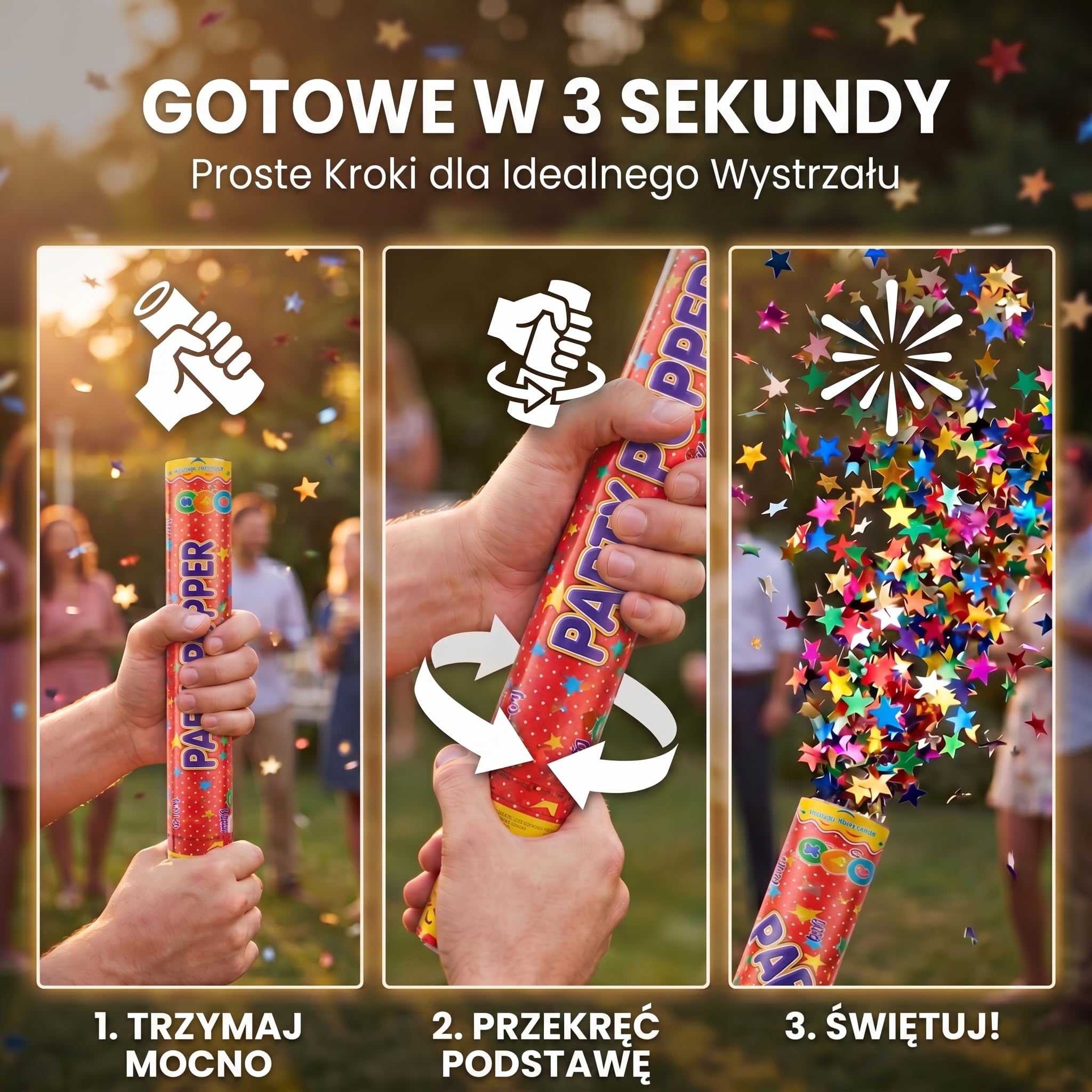 GOODS+GADGETS® Konfetti Armata XXL 100 cm – Party Popper 10er Set | Kolorowa strzelanka konfetti do 8 m – bez pirotechniki, metaliczna folia ognioodporna