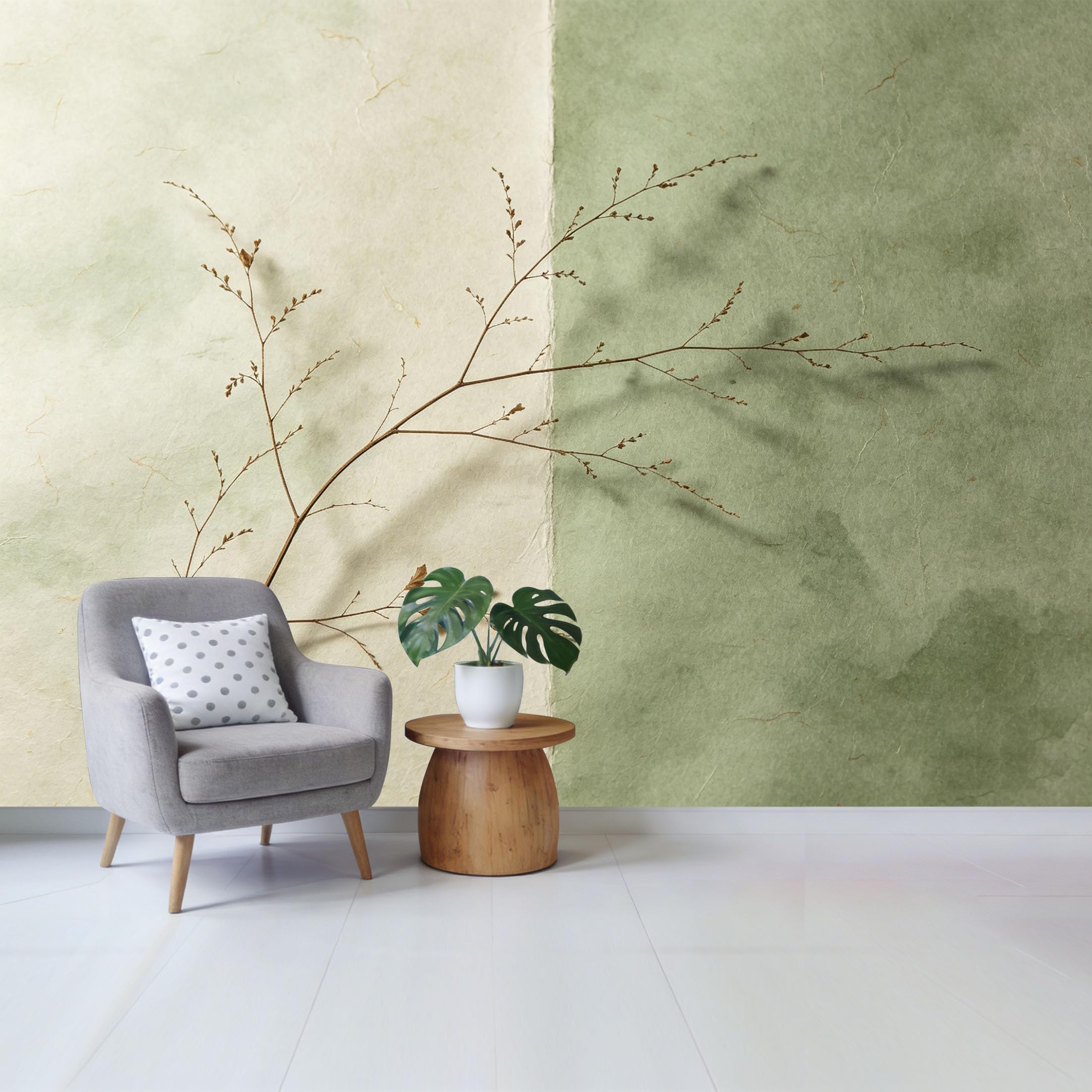 Qzlithotic Yq2605250171 Custom Size Wall Mural Botanical Sage Green Abstract Minimalist Wabisabi Dried Twig Textured Selfadhesive Wall Fabric Removable Wallpaper For Home Office Decor