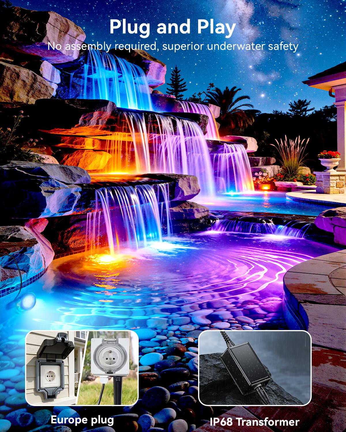 All-in-One Eclairage Bassin LED Acier Inoxydable SS316, RGB Lampe de Bassin Extensible avec Câble de 15,5M, Spot Bassin IP68 pour Bassin, Cascade, Ruisseau, Étang à Poissons, Fontaine, 4er-Pack