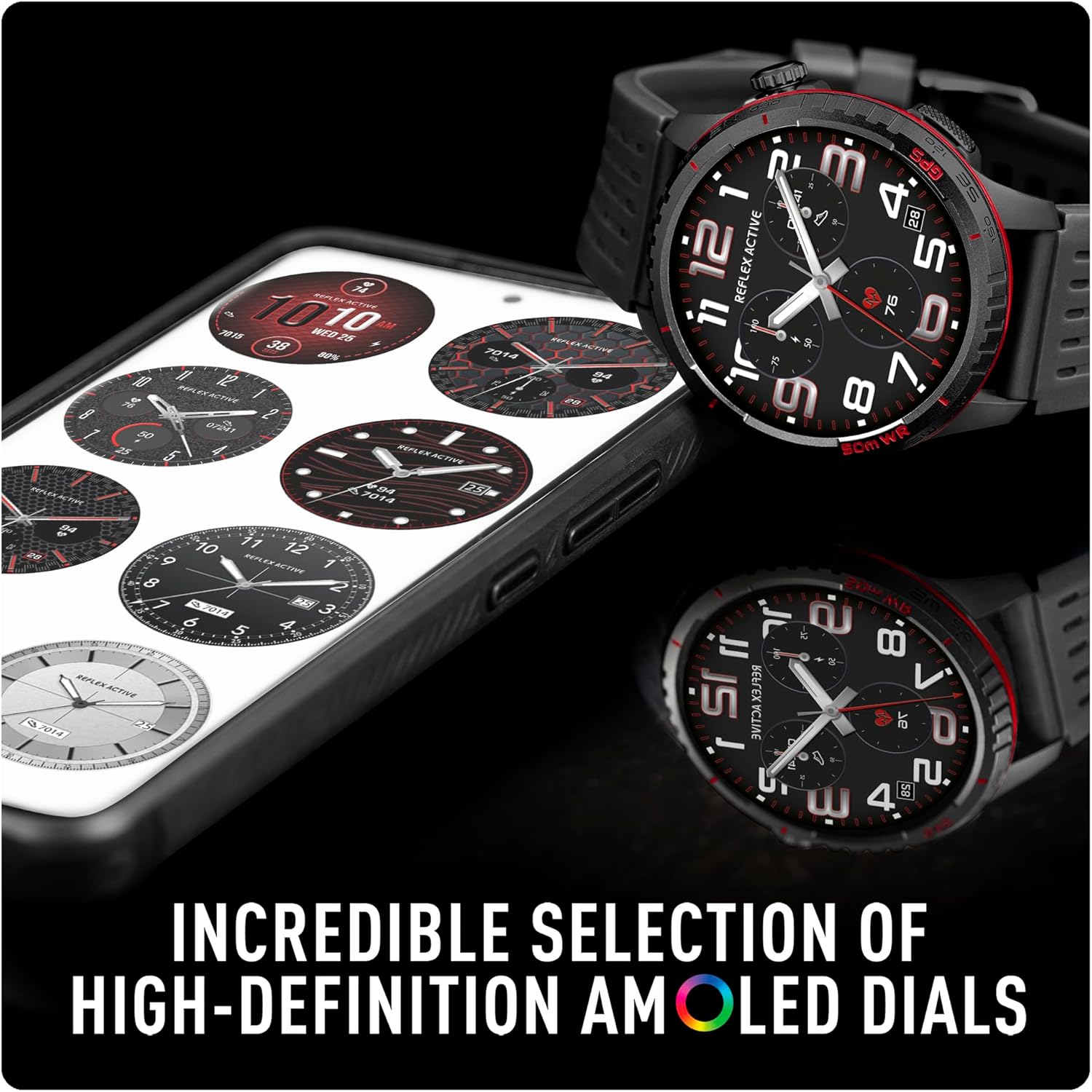 Reflex Active SeaVenture smartwatch displaying various high-definition AMOLED watch faces