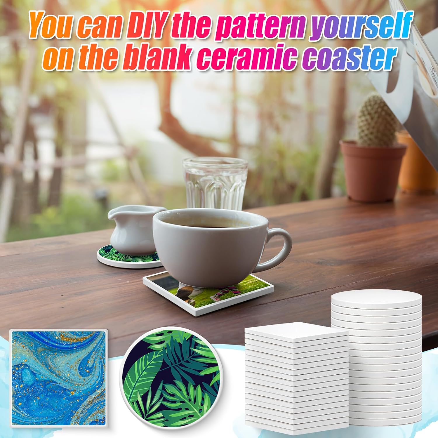 Tioncy 72 Pieces Sublimation Coasters Blanks with Cork Pads Bulk White Ceramic Tiles for Heat Transfer, DIY Mug Mat Crafts Supplies for 4th of July, Wedding Housewarming Gifts (Square Round)