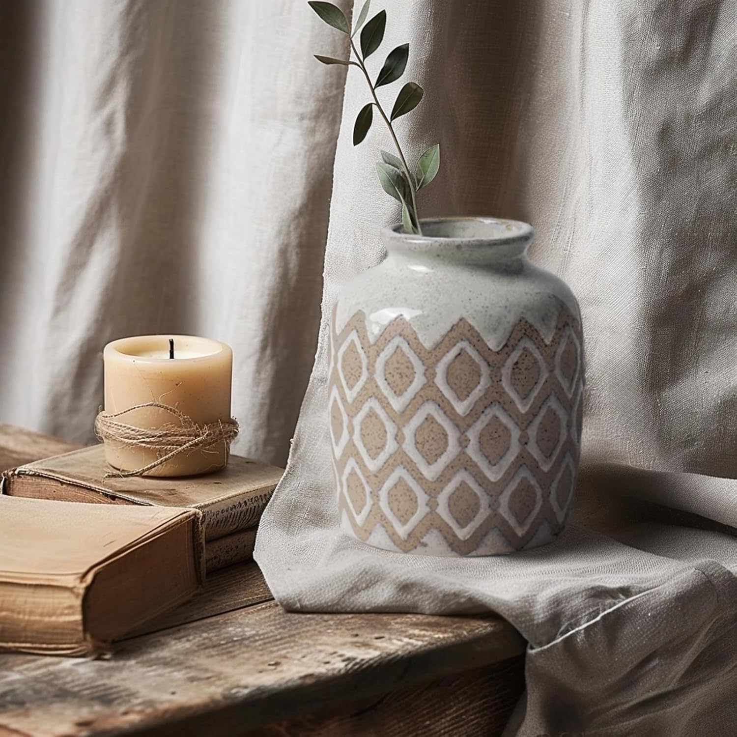 Boho Ceramic Vase, 6 Inch Rustic Farmhouse Pastoral Decor, Vintage Clay Vases for Bouquets, Pampas Grass and Fake Plants, Suitable for Home Decor, Shelf, Dining Table, Living Room, Mantle, Bathroom