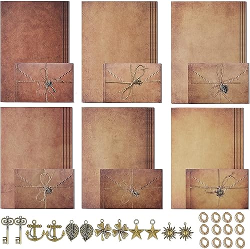 Miniatura 1 de Juego de papel y sobres vintage de papelería – 24 hojas de papel de letras vintage, 12 sobres, 12 colgantes retro, 12 cuerdas, papel de escritura de