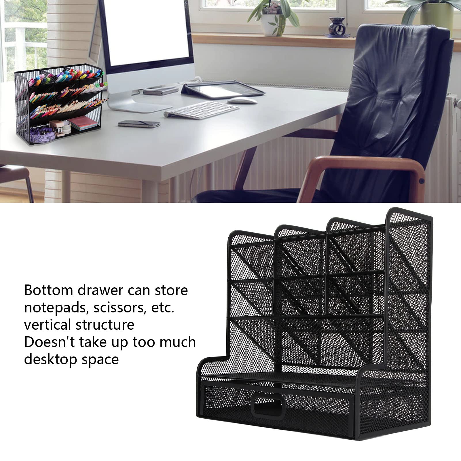 Organizer da scrivania in rete, design inclinabile 9 scomparti Cassetto inferiore Organizer da scrivania per ufficio Caddy stazionario in metallo Portapenne in rete con prospettiva