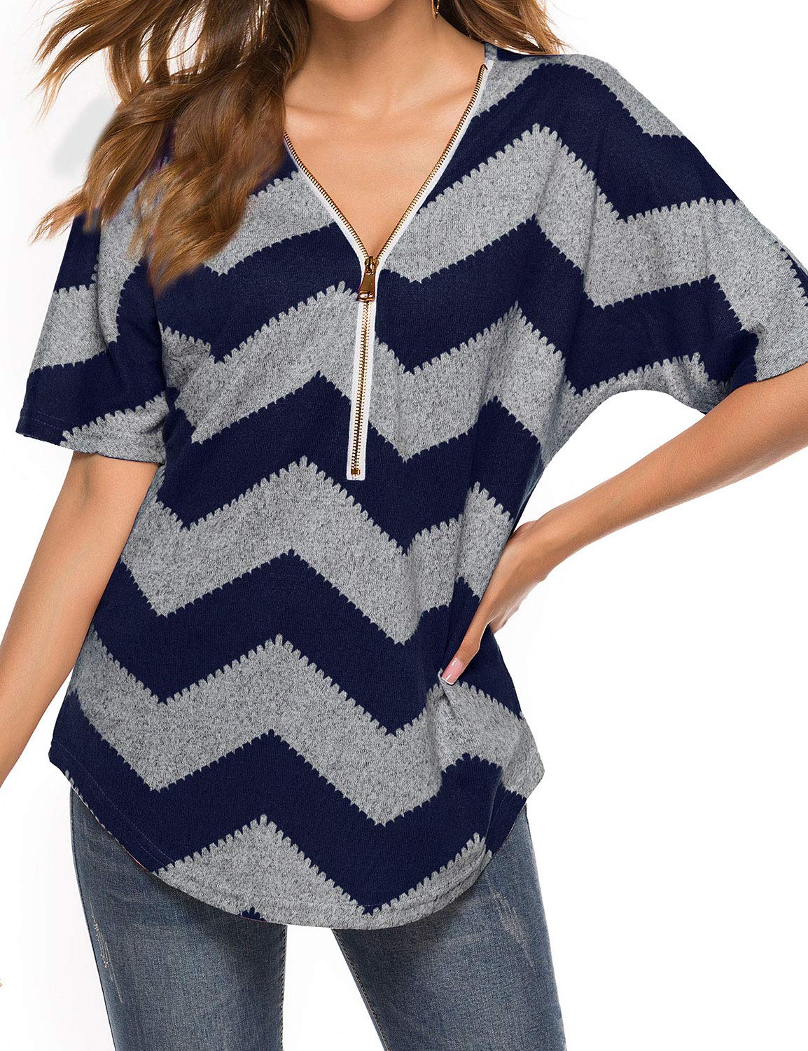 EzcosplayWomen Zipper Front V Neck Asymmetric Hem Color Block Tops T-Shirt