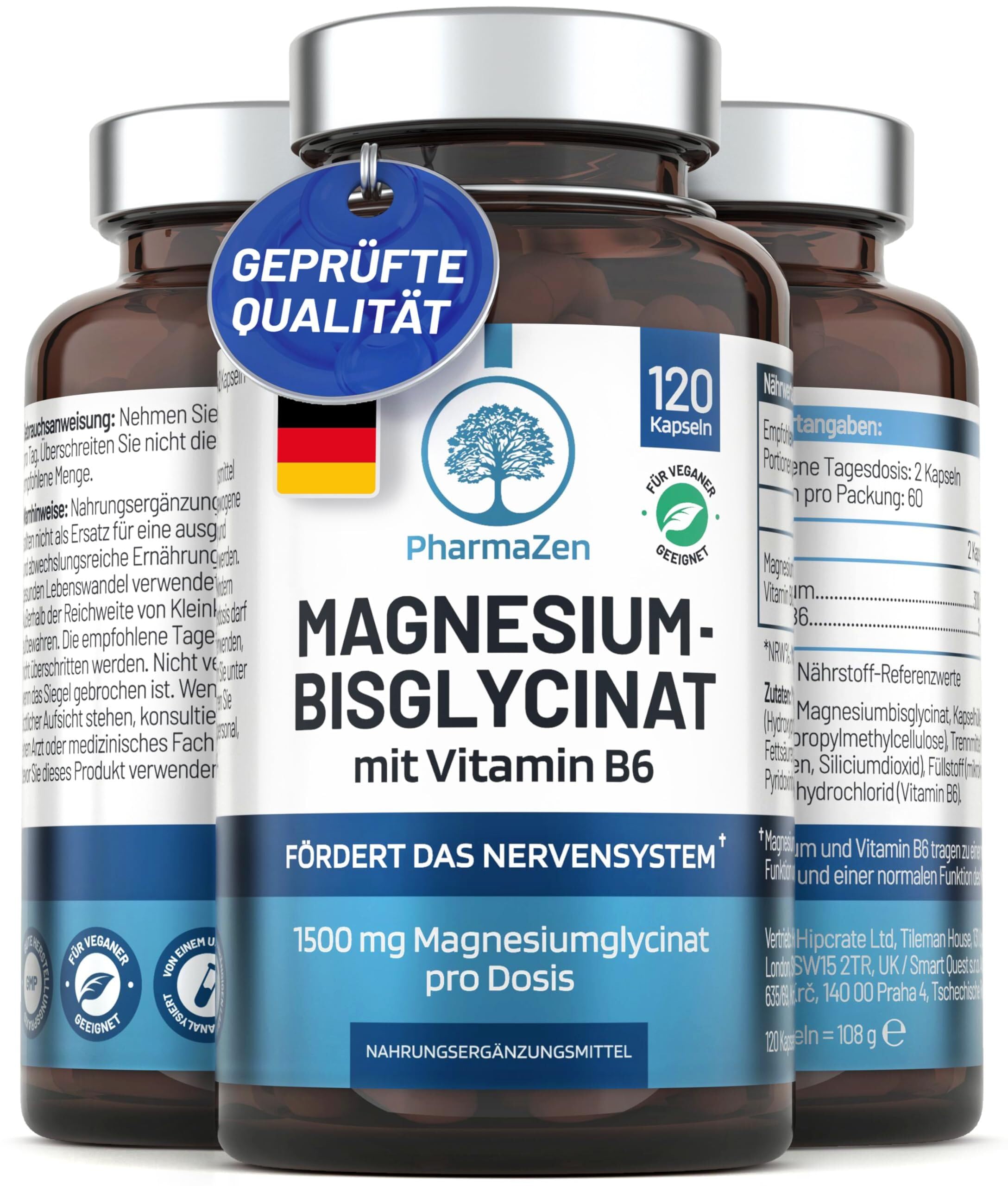 Magnesium Bisglycinat hochdosiert – 1500 mg Magnesiumbisglycinat Komplex mit Vitamin B6 – 300mg elementares Magnesium pro Tagesdosis – 120 Kapseln – Premium chelatiertes Glycinat – laborgeprüft, vegan