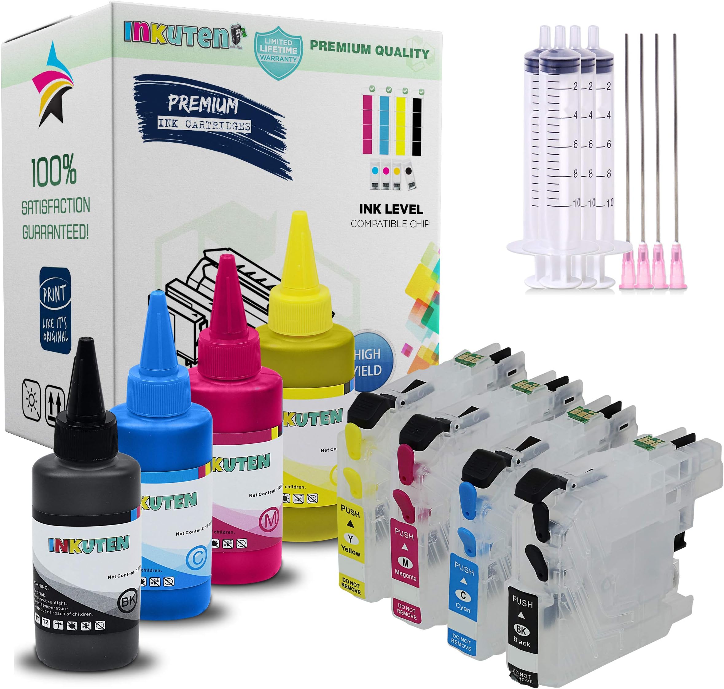 INKUTEN 4 Refillable Cartridges for Brother LC3019 with 4x100ml Dye Ink, Work on Brother MFC-J6930DW MFC-J6530DW MFC-J5330DW MFC-J6730DW Printer