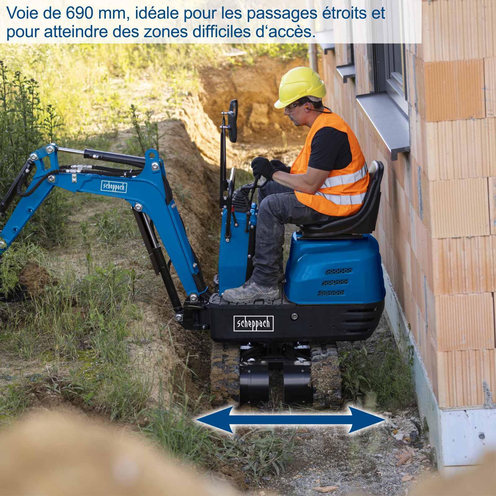 Scheppach Mini-Pelle EXC815 + Benne motorisée DP3000 - Moteur 4 Temps - Largeur du Godet 290 mm - portée 2330 mm - Volume de la Benne 125L - Charge Max 300 kg