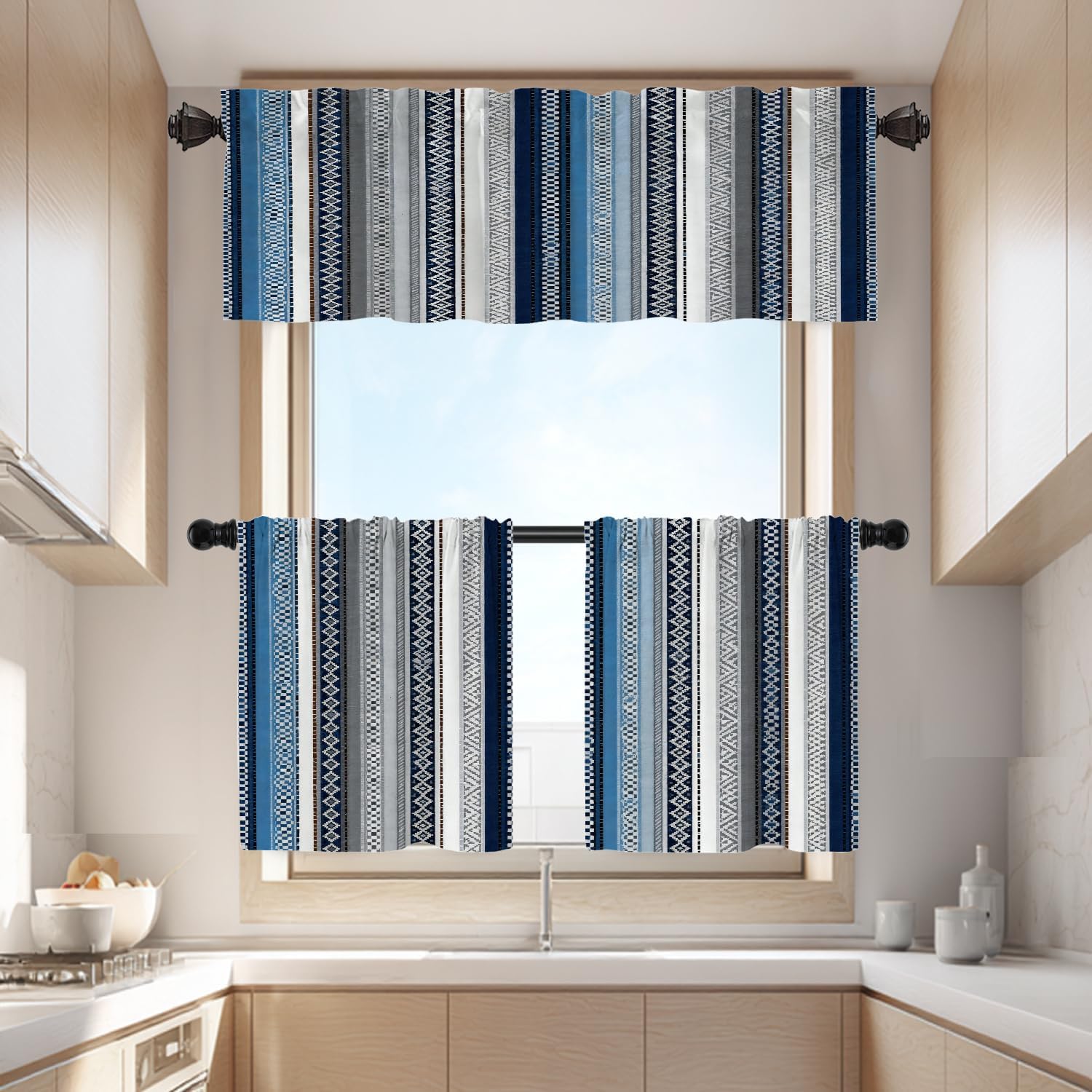 Batmerry Boho Ethnic Tribal Art Kitchen Valances Half Window Curtain, Navy Blue Geometric Ikat Tribal Print Pattern Kitchen Valances for Windows Valance for Decor Reducing The Light 52x18 Inch