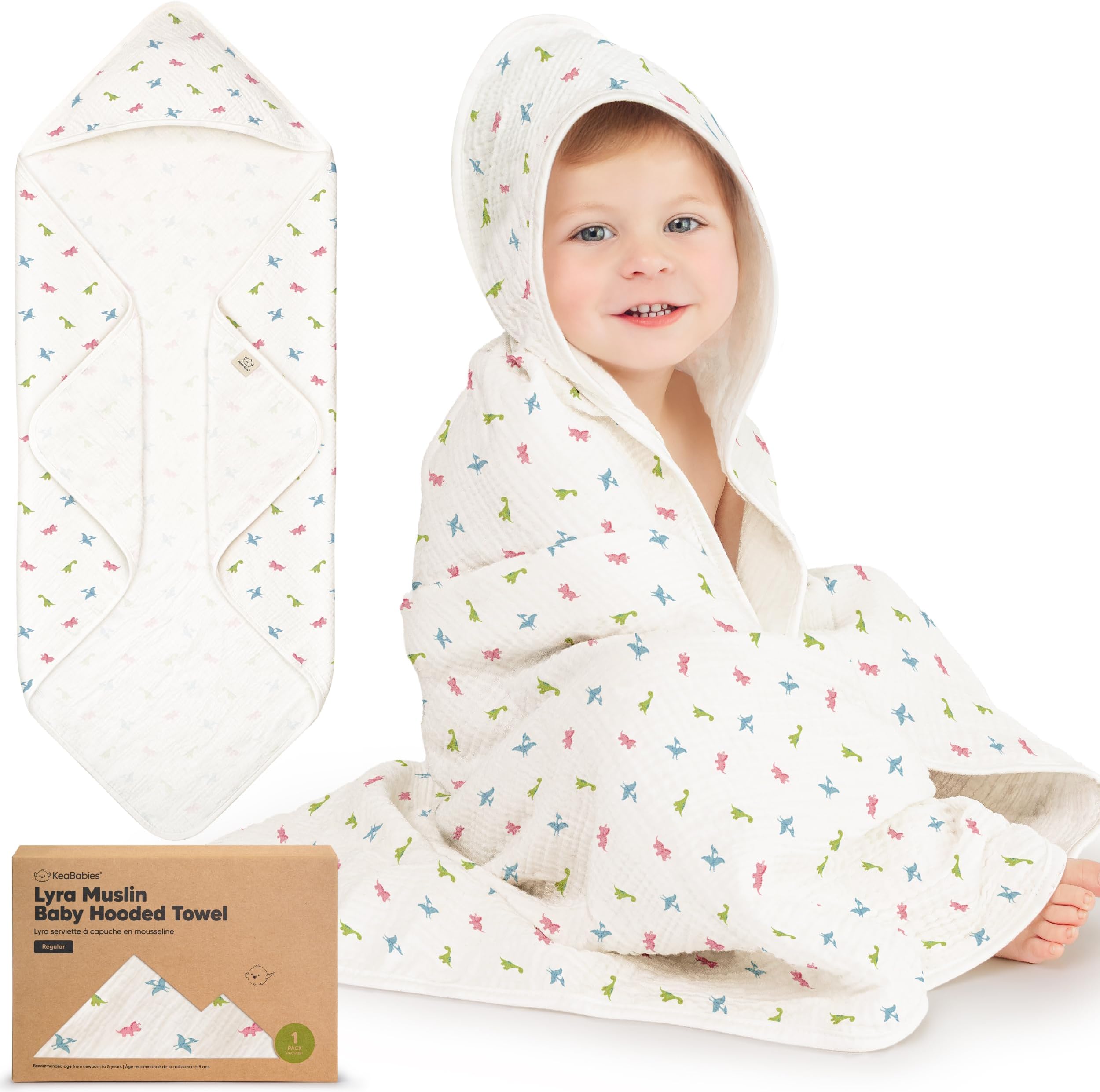 KeaBabies Muslin Baby Towel with Hood for Girls, Boys, Organic 100% Cotton Hooded Baby Towels for Newborns, Toddlers, Infant, Kids, Soft Absorbent Large Baby Bath Towels,Baby Essentials Set (Roarsome)