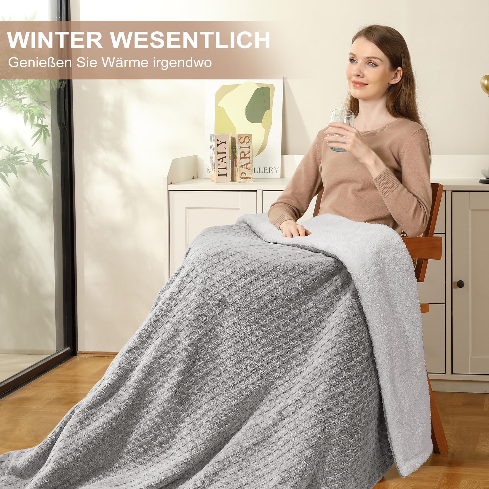 Elektrische Heizdecke mit Abschaltautomatik, große Heizdecke 180x130cm, 6 Stufen & 1-10H Timer Auto-Aus, maschinenwaschbar, weiches Flanell, Heizkissen für Bett und Büro, grau
