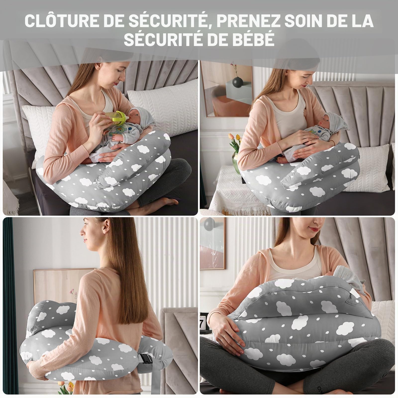 SHANNA Coussin d'allaitement pour Bébé : Coussin d'allaitement 100% Coton, Oreiller De Grossesse en Forme De U, Coussin Ergonomique Multifonction pour Bébé, Cadeau pour Femme Enceinte (Gris Nuage)