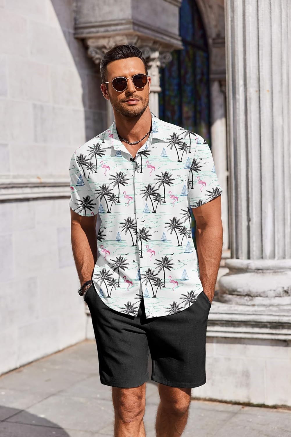  Men's Summer Beach Outfits 2 Piece Short Sleeve Shirts and Shorts Vacation Texture Linen Sets for Men thumbnail