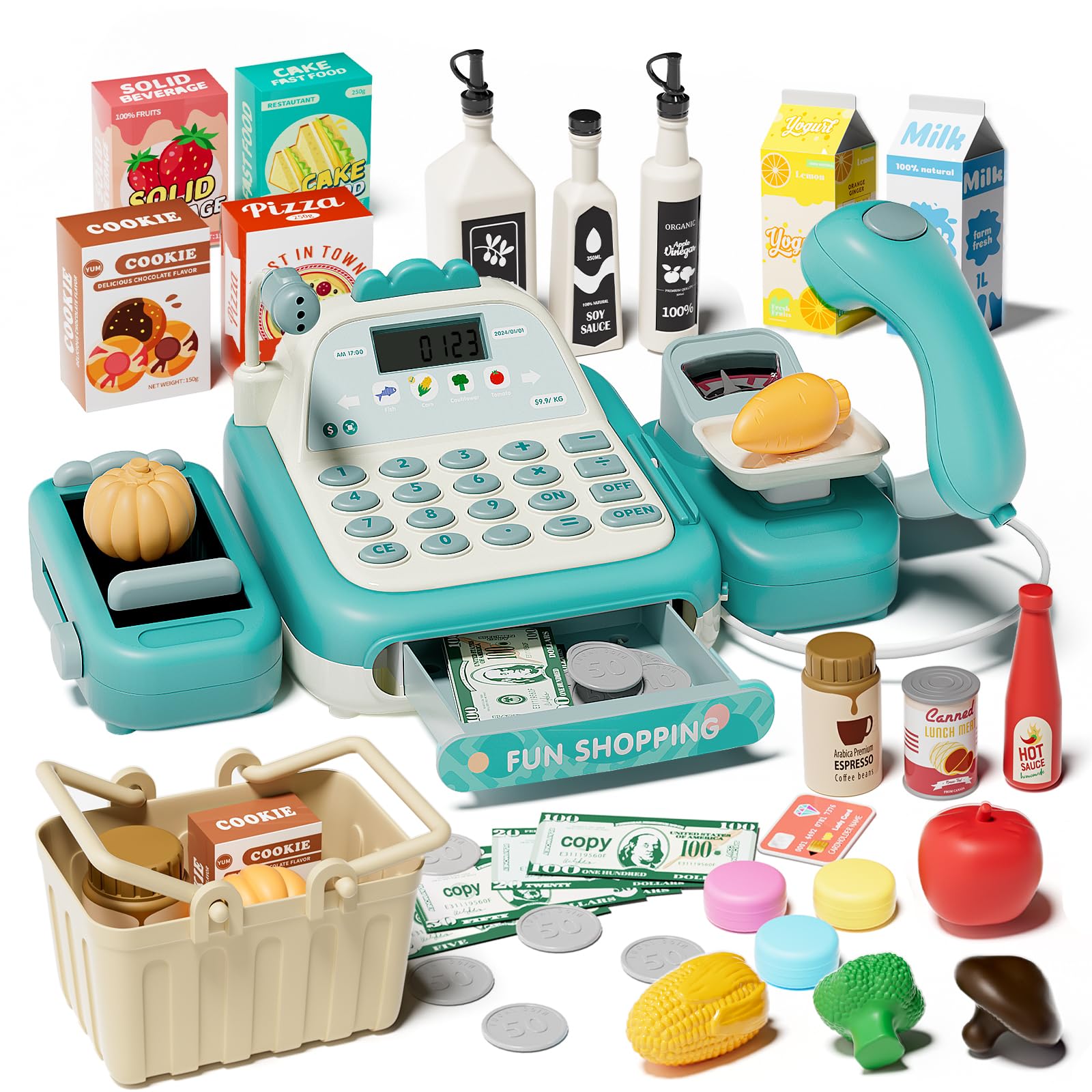 49PCS Pretend Play Cash Register Toy Set for Kids with Real Calculator,Scanner,Microphone,Conveyor Belt,Weighing Tool,Cashier Playset Realistic Gift for Toddler Kid Ages 3 4 5 6 7 8 (Green)