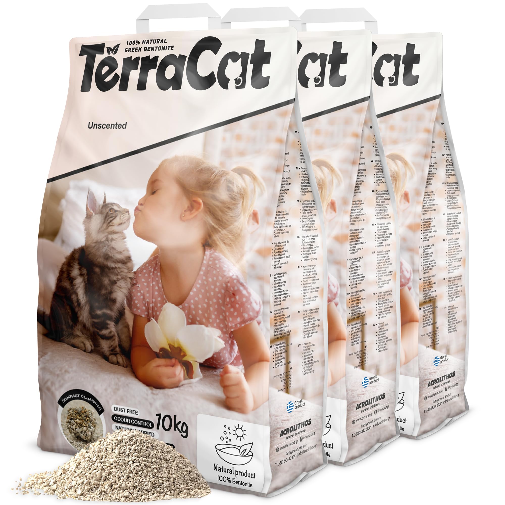 TerraCat Arena para gatos, 37,5 l, 3 unidades, 100% bentonita griega, arena para gatos, gran absorción, sin polvo, sin perfume, 30 kg