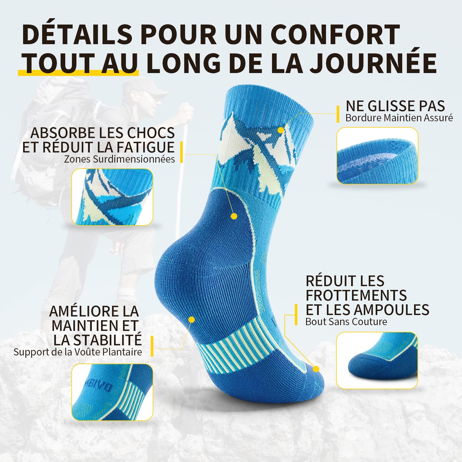 Chaussettes Randonnée Anti Ampoules Homme Femme en Mérinos Laine, Douces Respirant avec Rembourrage, 2 Paires