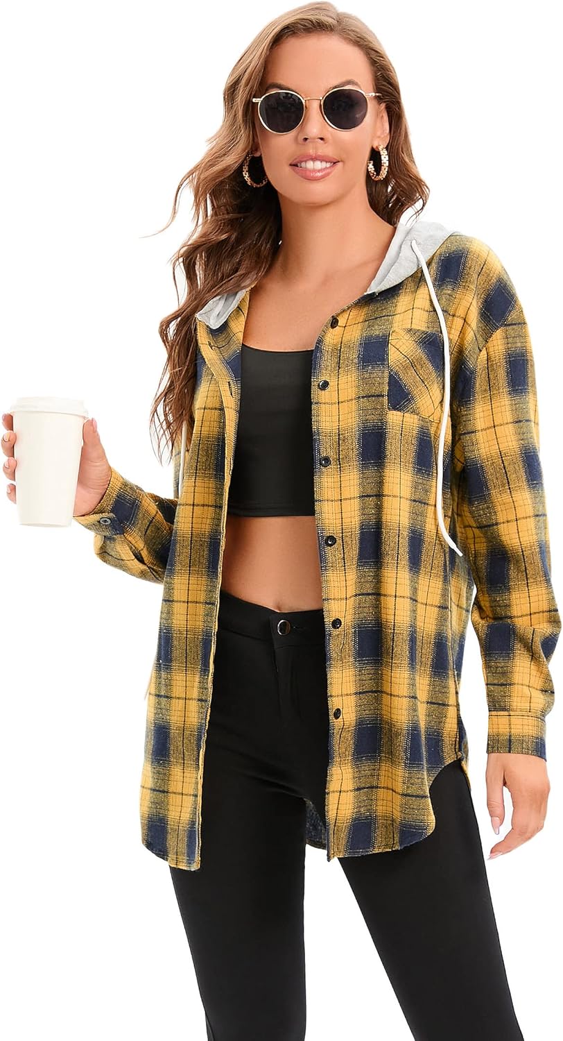 Women's Plaid Flannel Shirts Hoodie Long Sleeve Oversized Shirt Jacket Button Down Blouse Tops - Image 4