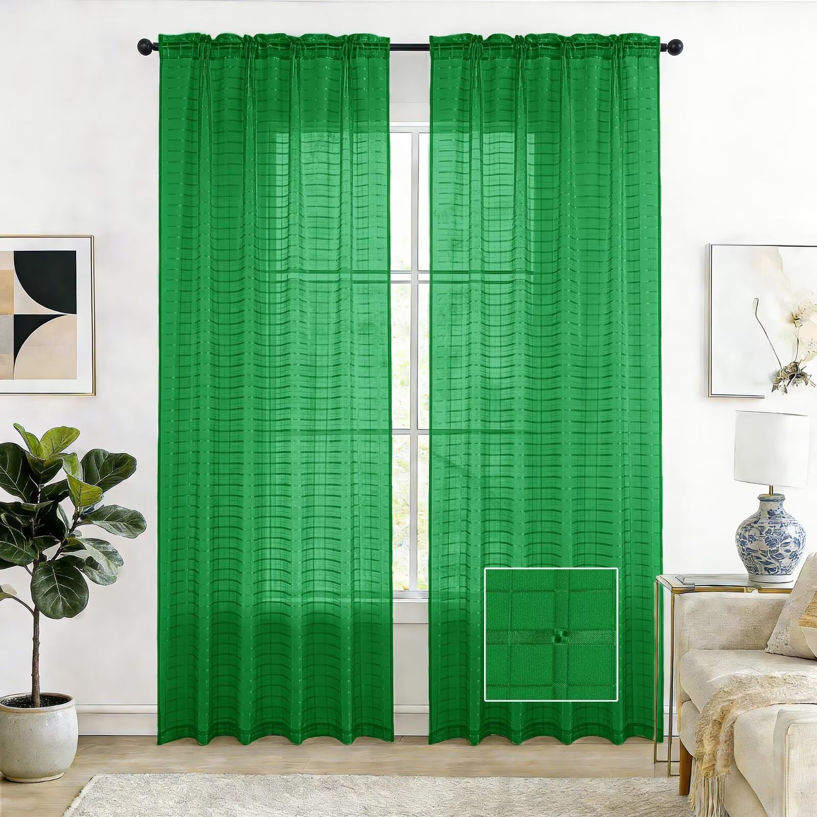 SpaceDresser Check Sheer Curtains 96 Inches Long for Living Room, Rod Pocket Plaid Semi Sheer Drapes for Kitchen Bedroom（Foliage Green, 52W x 96L）