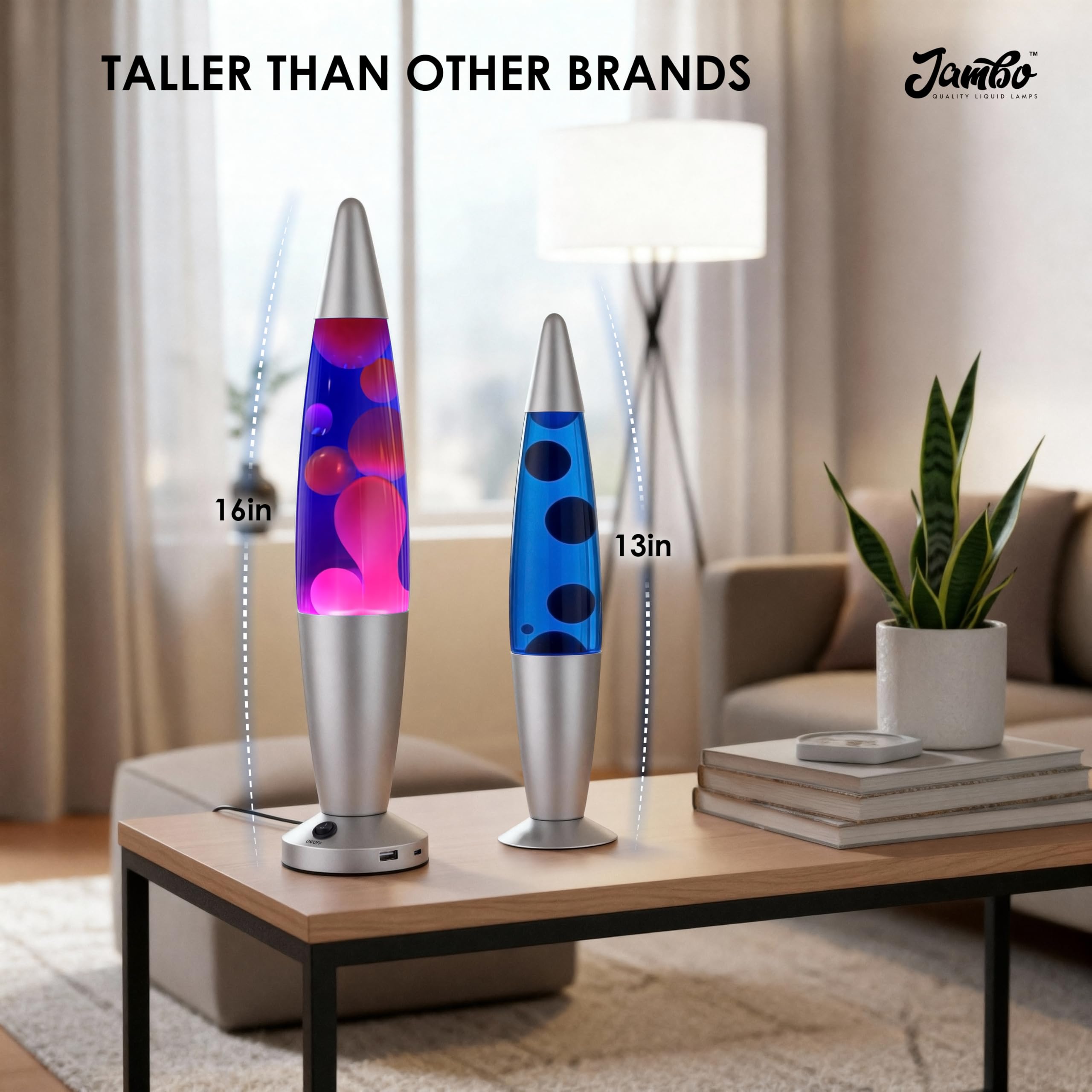 JAMBO Lampa z płynnym ruchem USB, nastrojowa lampa, wystrój domu, lampa do salonu, uspokajające światło ruchu, relaksująca lampka nocna, lampka nocna, 40 cm z portami USB (srebrna podstawa, niebieski