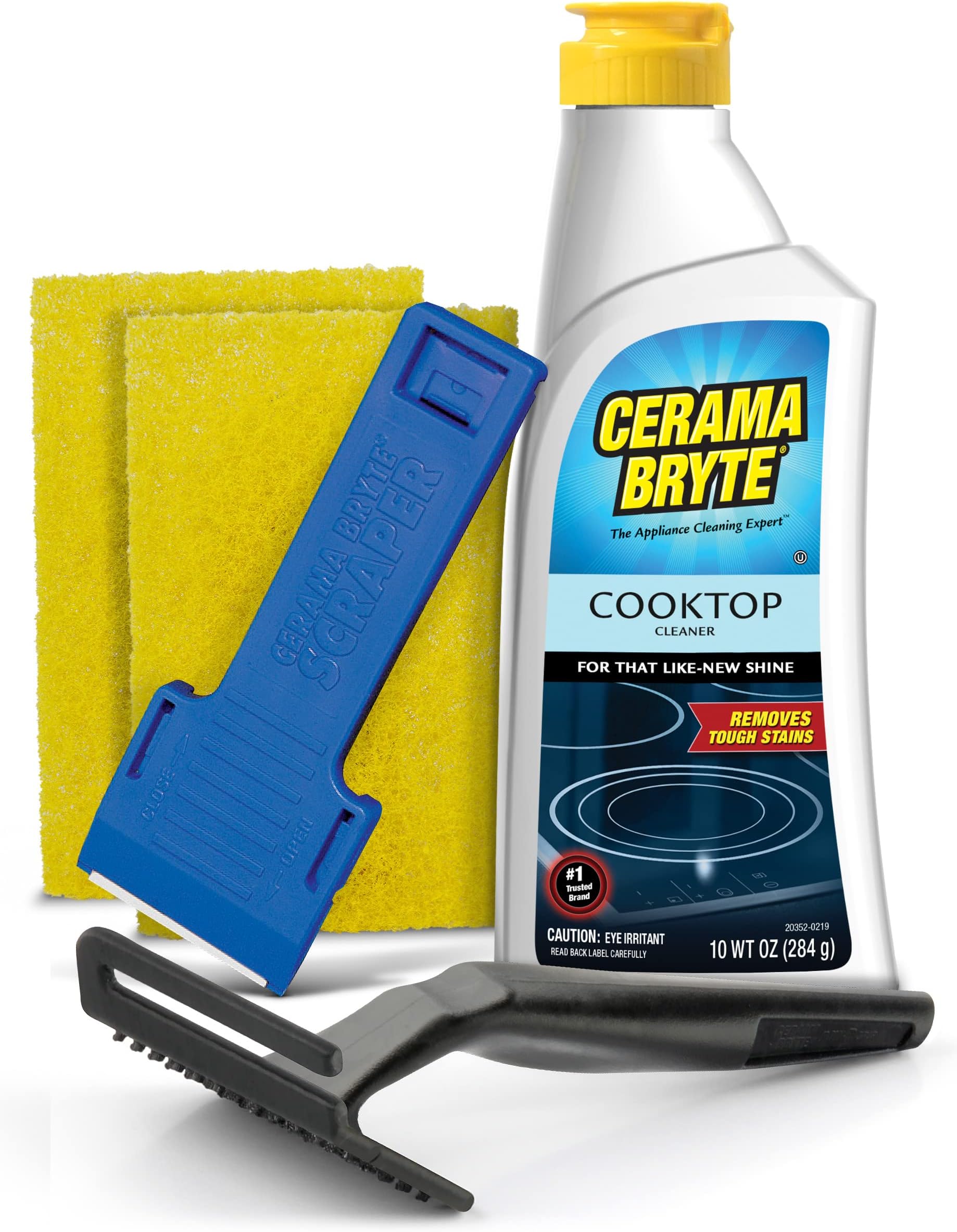 Cerama Bryte Easy-to-Open Packaging - Cooktop Cleaning Kit - Includes 10 oz. Bottle of Cerama Bryte Cooktop Cleaner, 2 Cleaning Pads, POW-R Grip Pad Tool and Scraper packed in Reusable Container