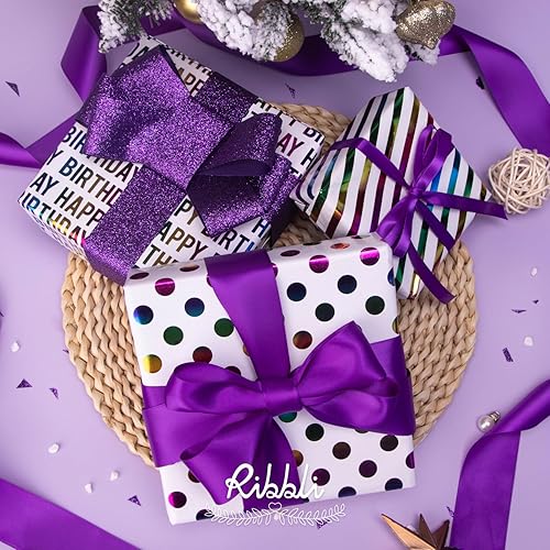 Miniatura 6 de Ribbli papel de regalo para cumpleaños, papel de regalo brillante para regalos, minirollo, 3 rollos con estampados de lunares y rayas de feliz