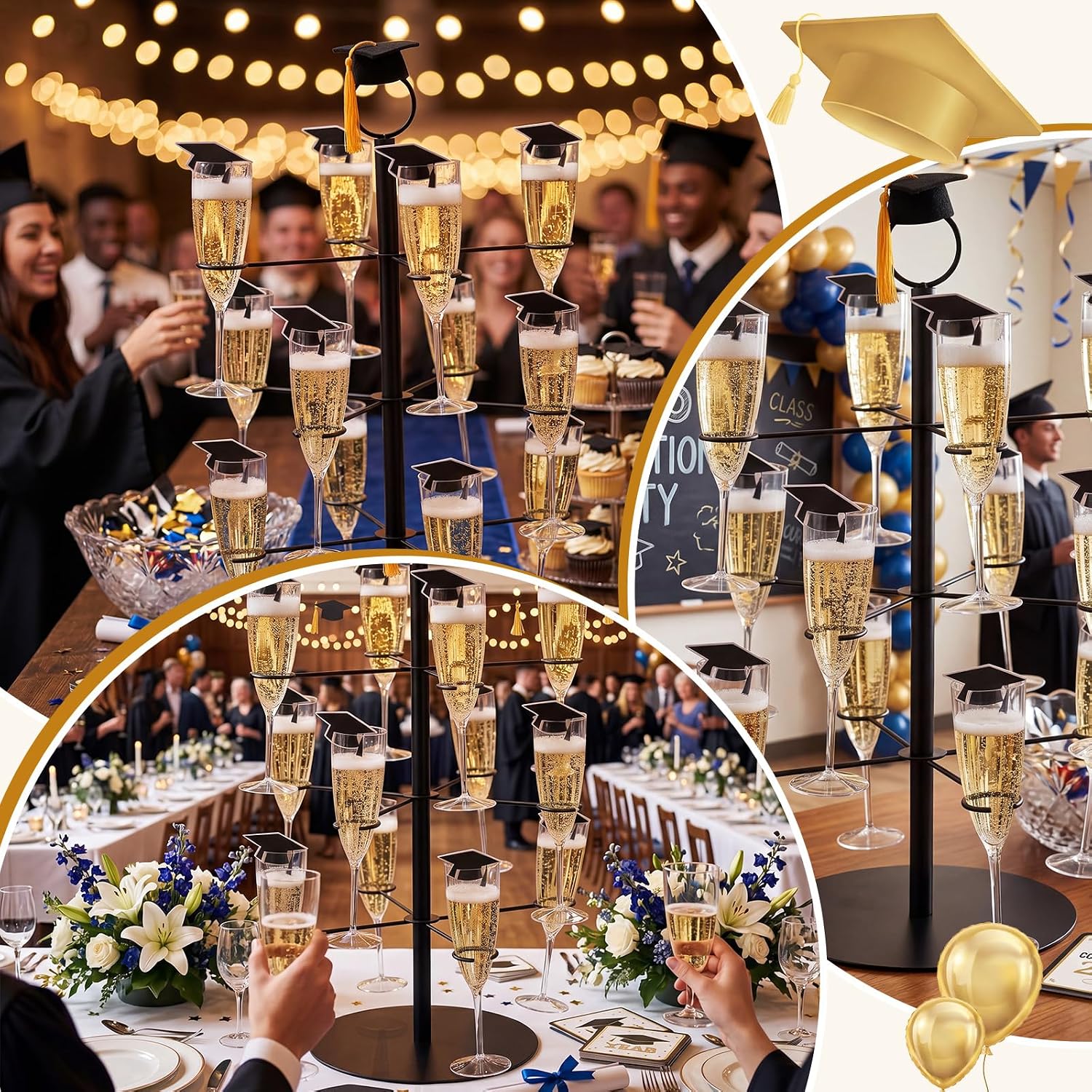 Sliner Cocktail Tree Stand with Mini Graduation Cap 3 Tier Metal Champagne Tower Stand with 12 Pcs 10 oz Glasses and 12 Pcs Glass Tags Drink Holder for Graduation Party Supplies