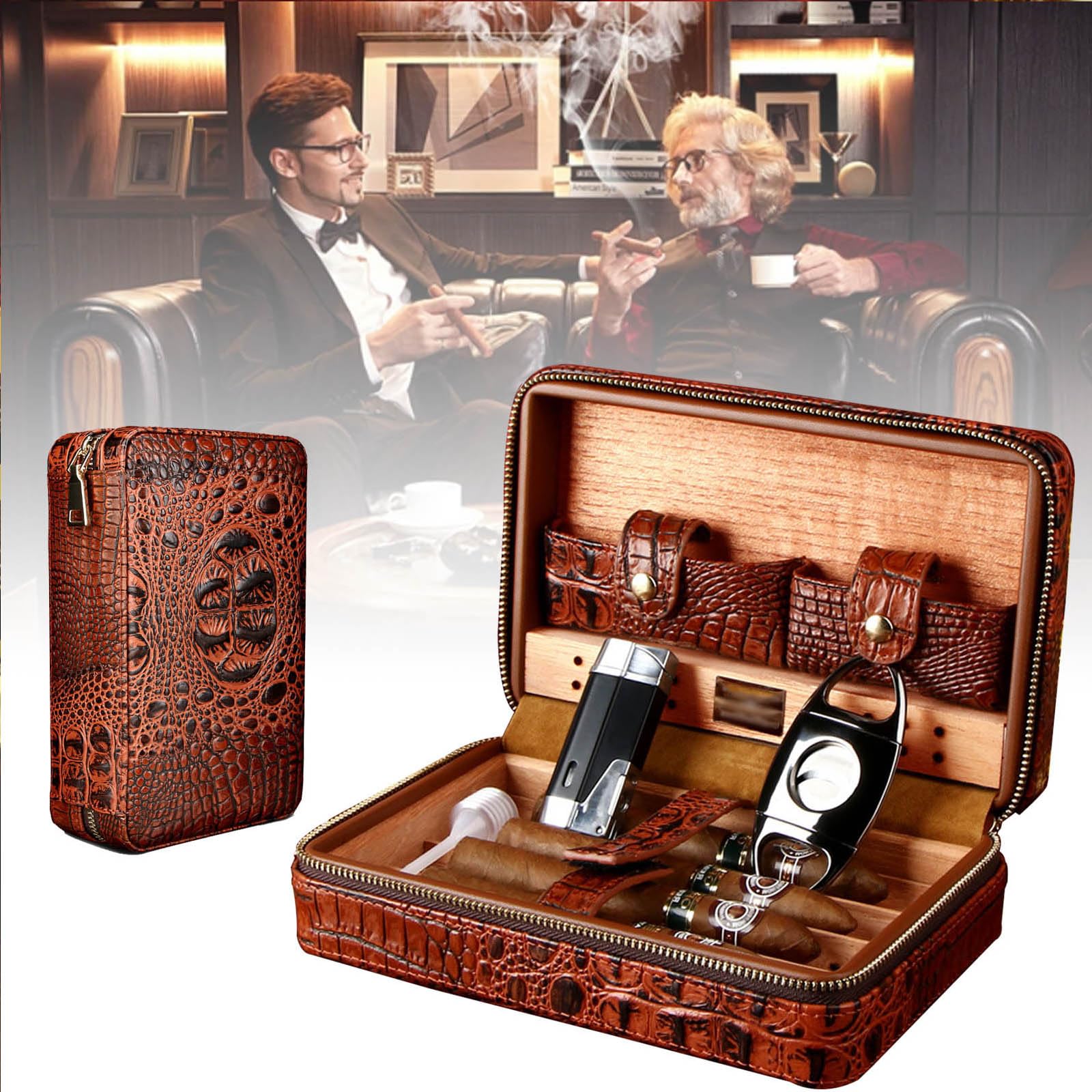 Humidor per Sigari, Portatile da Viaggio Outdoor Humidor Sigaro Scatola di Sigari in Pelle con Umidificatore