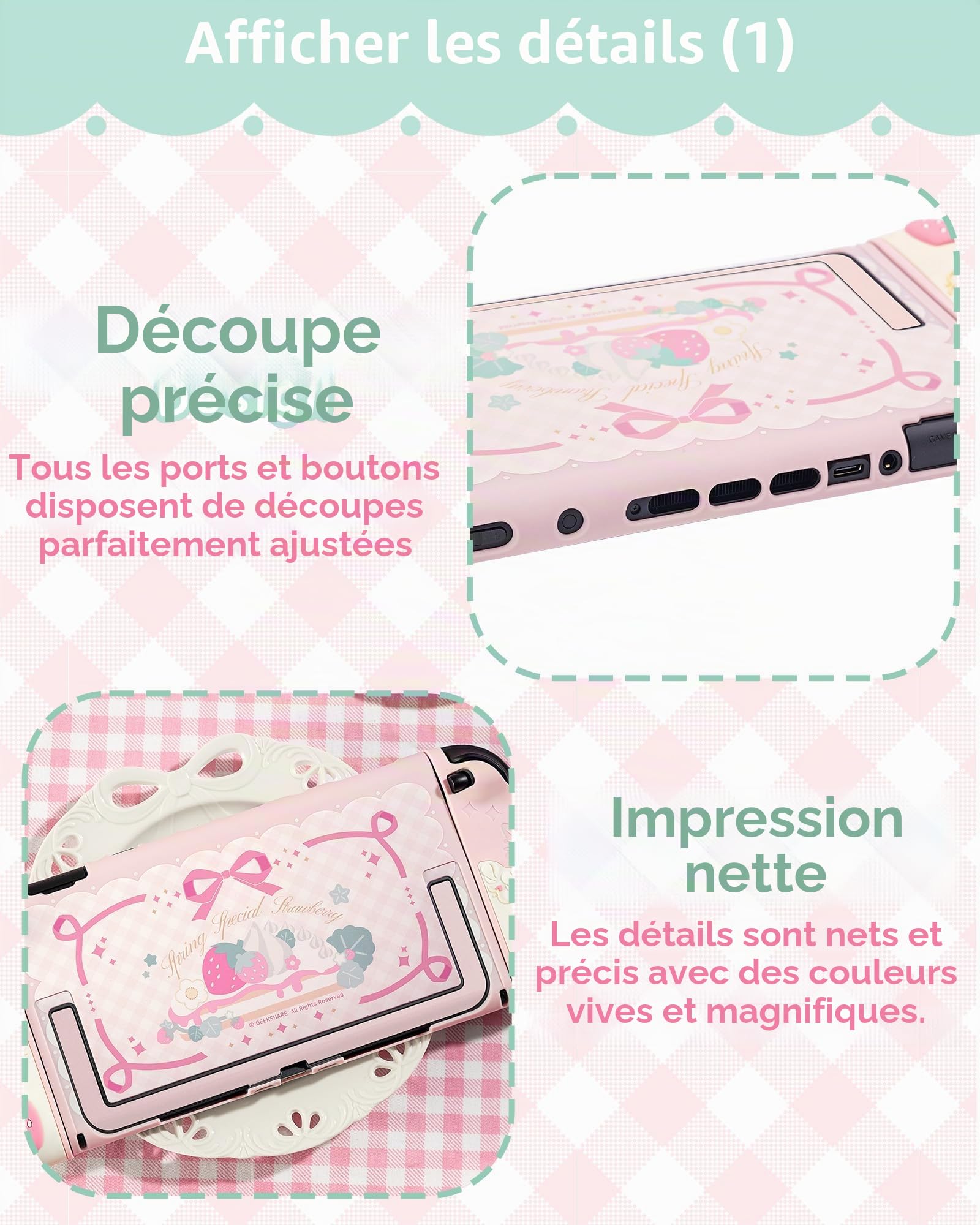 GeekShare Coque de protection en silicone souple compatible avec Switch 2 - Coque de protection séparable avec 2 capuchons pour les pouces - Fraises avec crème (rose)
