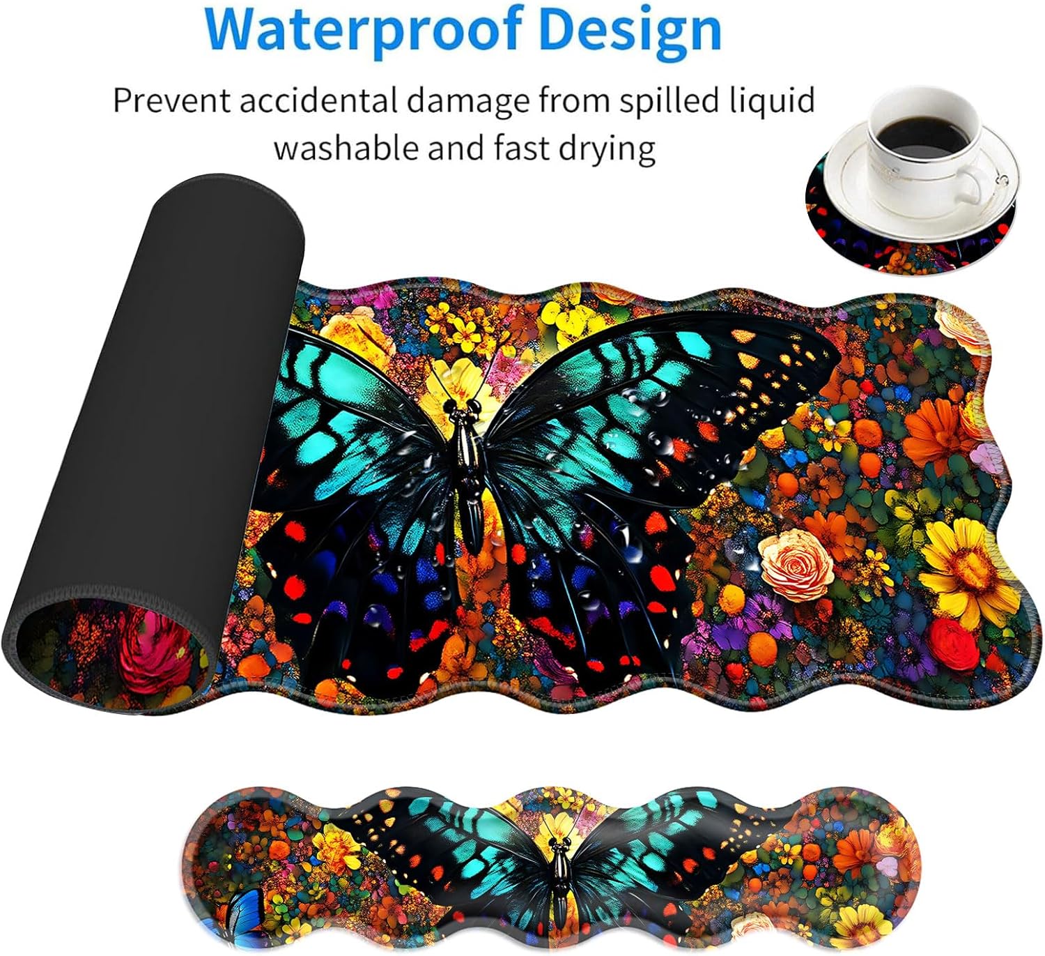 Large Mouse Pad and Keyboard Wrist Rest, Desk Pad for Keyboard and Mouse, 4-in-1 Large Gaming Mouse Pad with Wrist Support, Desk Mat for Home Office Study Game-Vibrant Butterfly On Flowers
