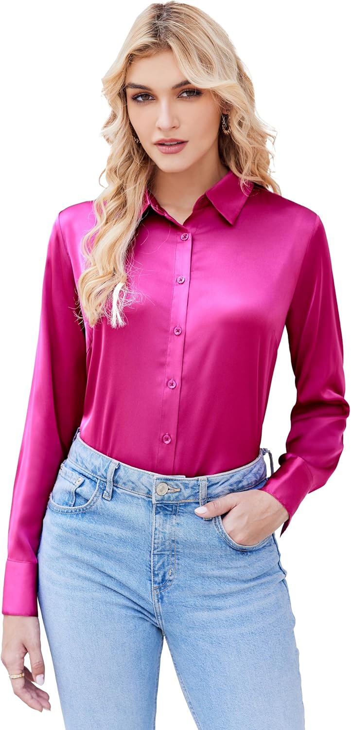Zeagoo Long Sleeve Satin Blouse Silk Blouses for Women Dressy Casual Hot Pink