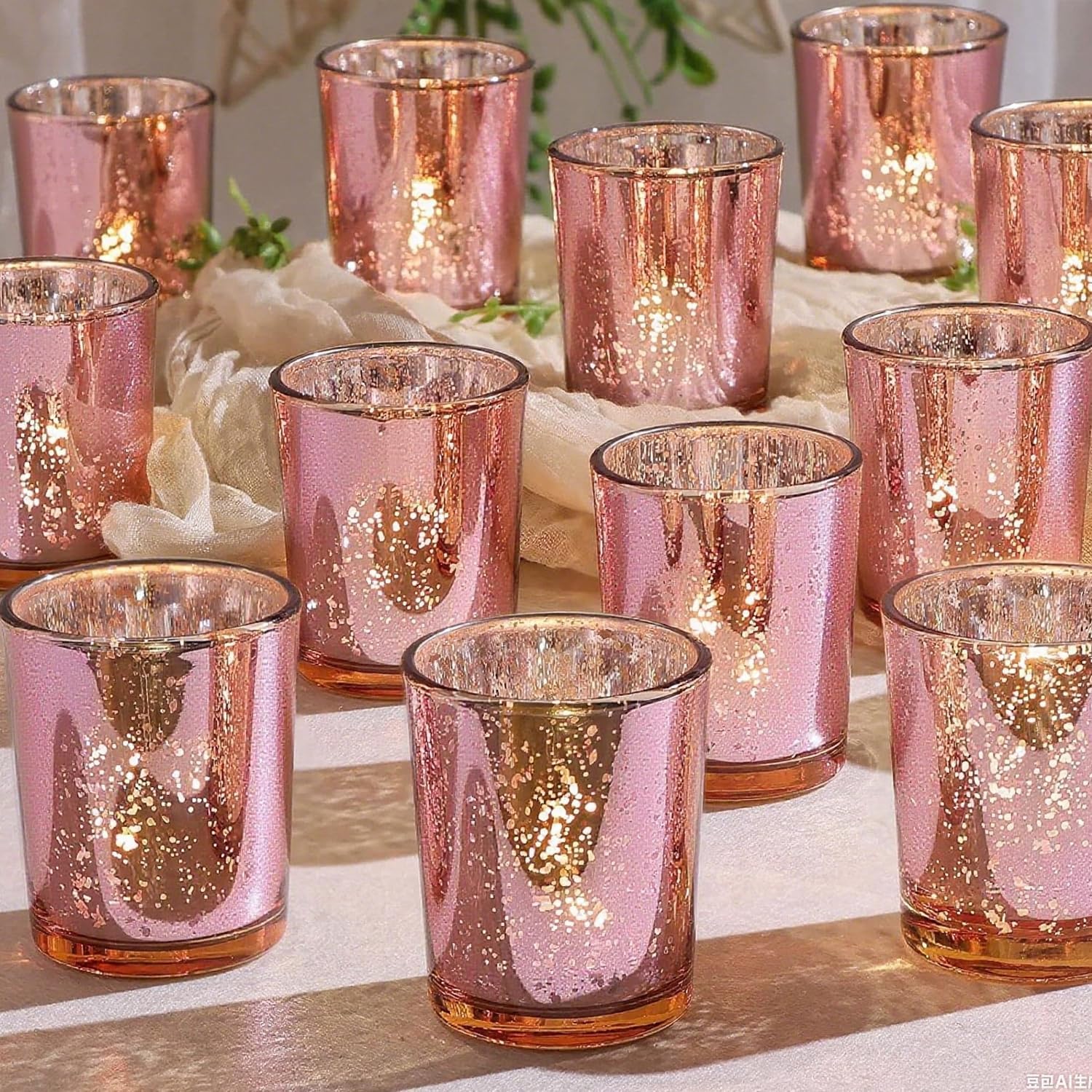 12pcs Candle Holders Votive, Glass Tea Light Holders Bulk for Weddings, Events, Table Centrepiece, Christmas, Valentine, and Party and Holiday Decorations (12, rose gold)