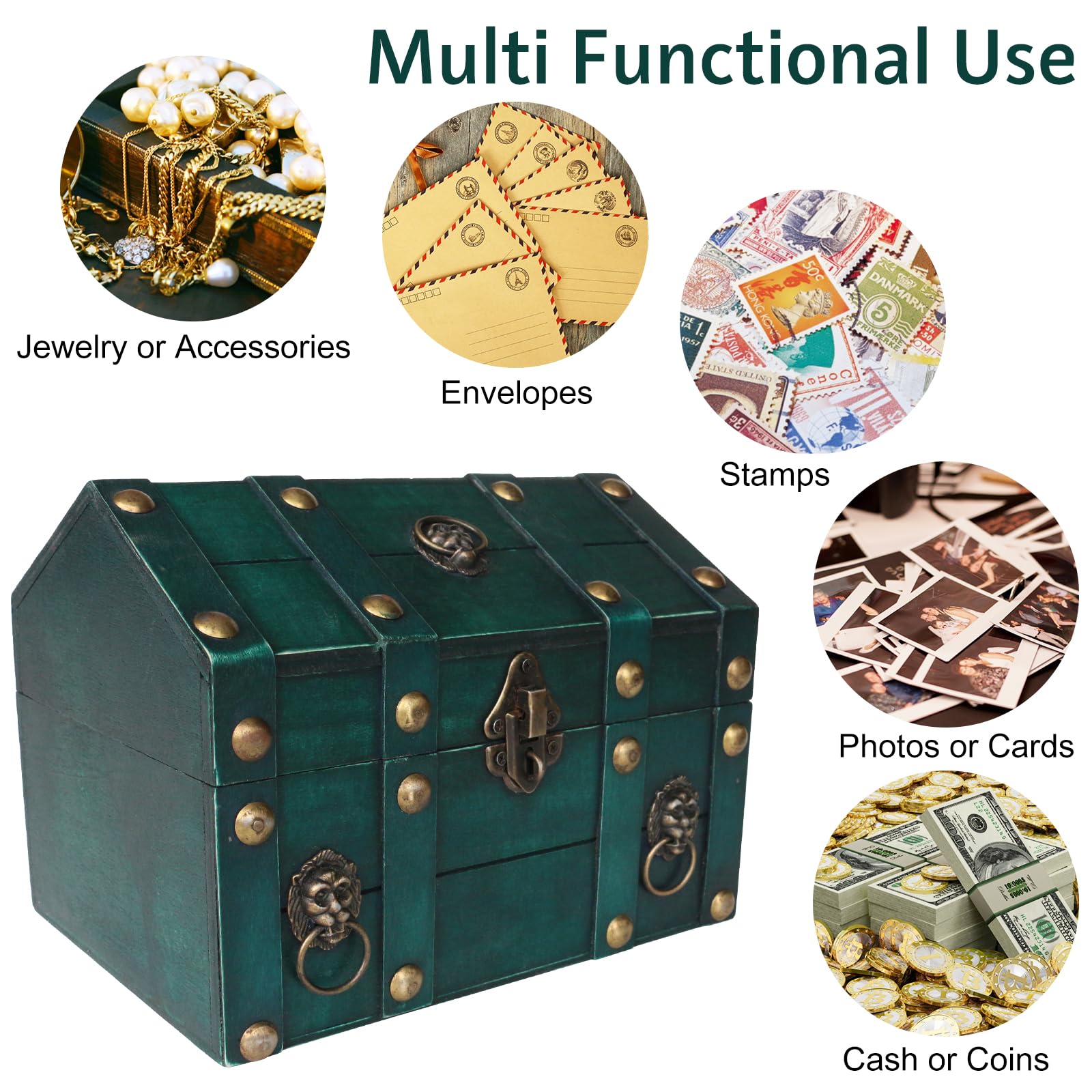 Cofre del tesoro de madera vintage, caja de almacenamiento de joyas con cerradura, almacenamiento clásico y caja decorativa, caja decorativa vintage de gran capacidad, organizador de almacenamiento de 4