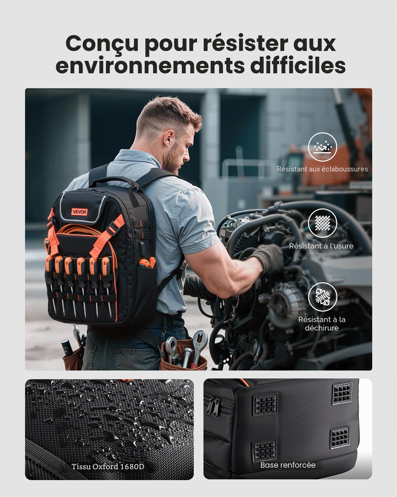 VEVOR Sac à Dos à Outils, Charge 22,7 kg, Sac à Outils, 33x22x44 cm, avec 45 Poches, Compartiment Ordinateur Portable, Base Stable, Organisateur à Outil Robuste pour Chantier, Électricien, Réparateur
