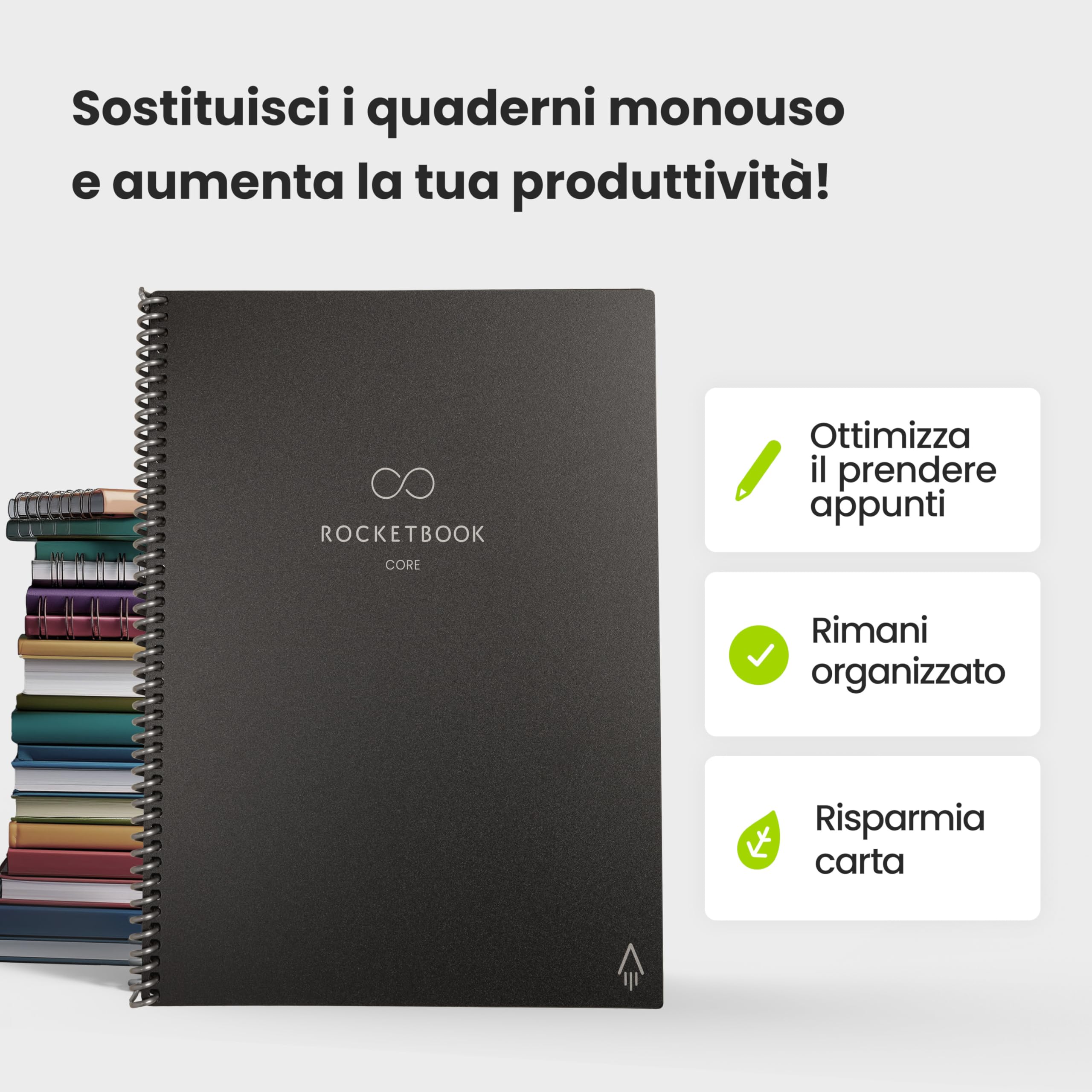 Rocketbook Core Quaderno a Spirale Riutilizzabile, Formato Letter 21 cm x 29,7 cm, Nero - Pagine Puntinate, Connessione App, Copertina Resistente, Ideale per Scuola, Lavoro e Progetti Creativ